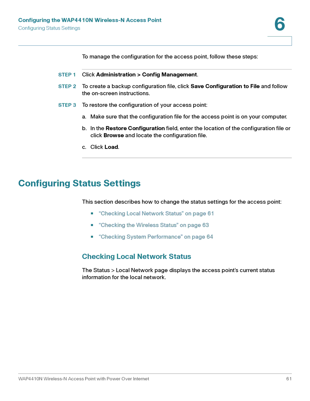 Cisco Systems WAP4410N Configuring Status Settings, Checking Local Network Status, Click Administration Config Management 