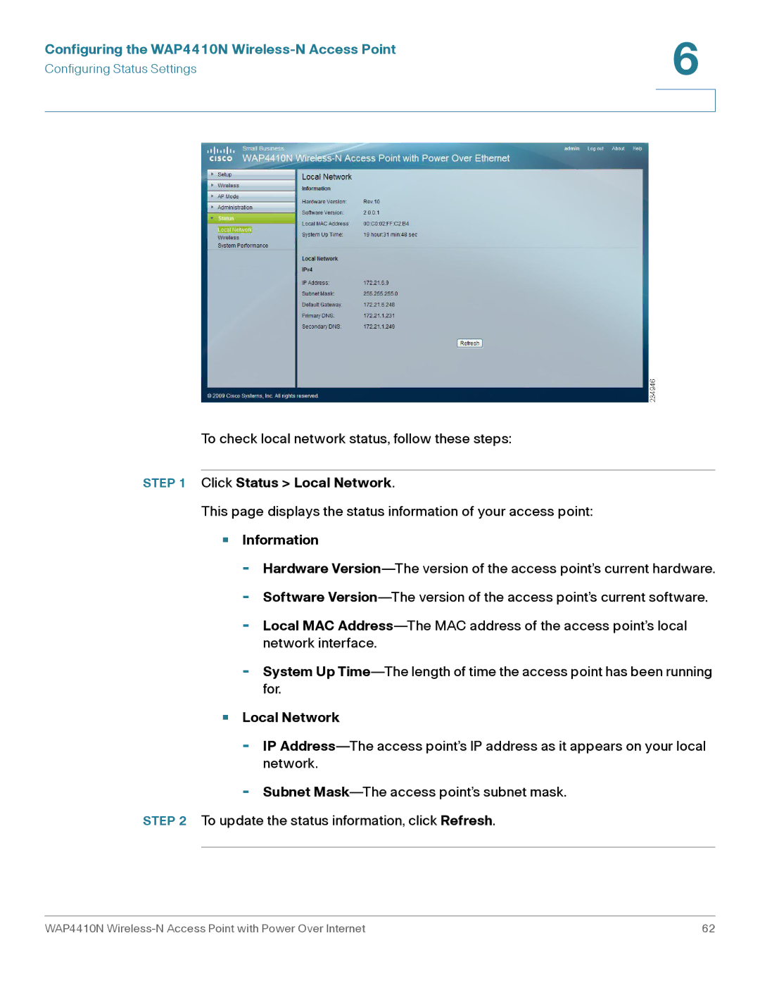 Cisco Systems WAP4410N manual Click Status Local Network, Information 