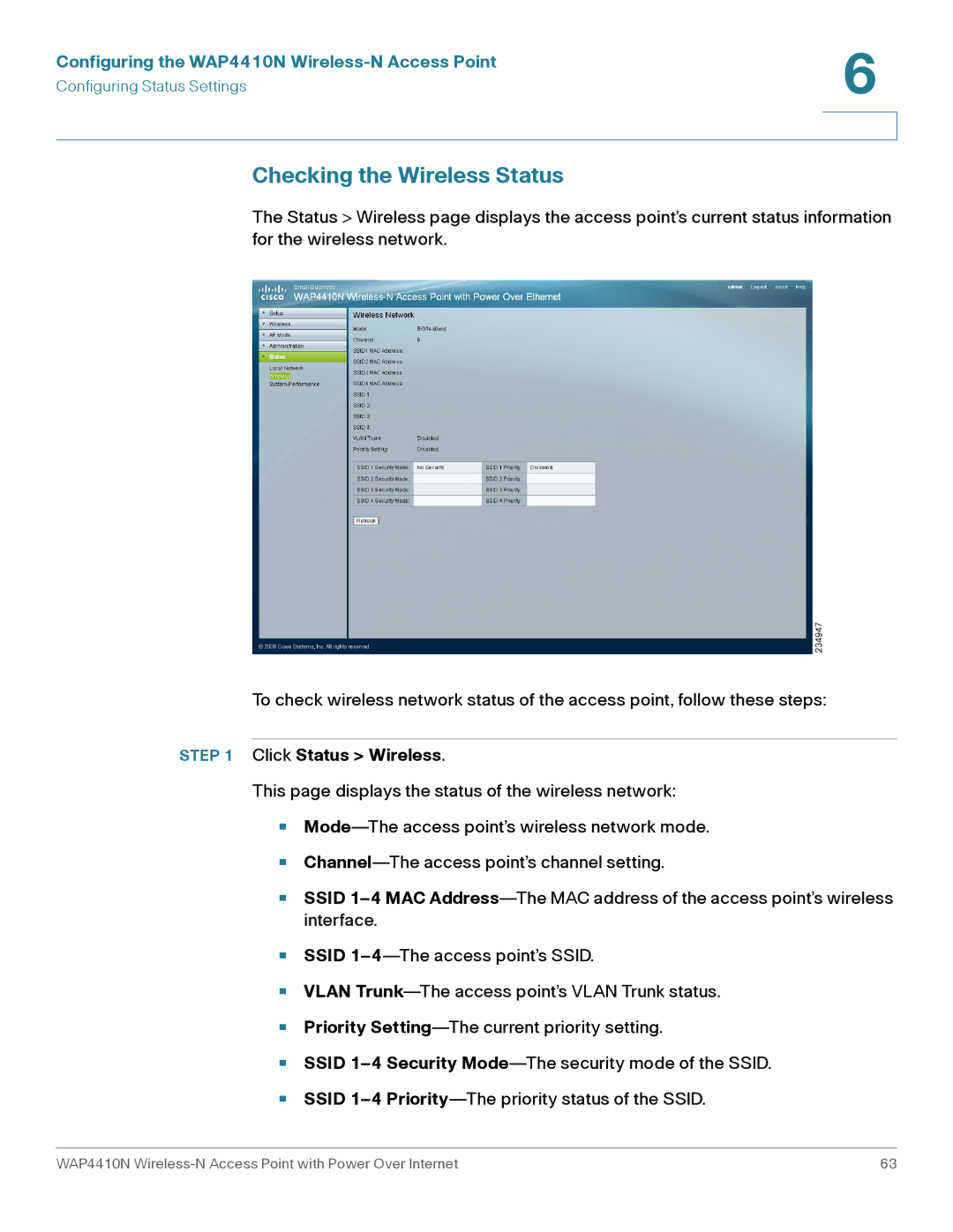 Cisco Systems WAP4410N manual Checking the Wireless Status, Click Status Wireless 