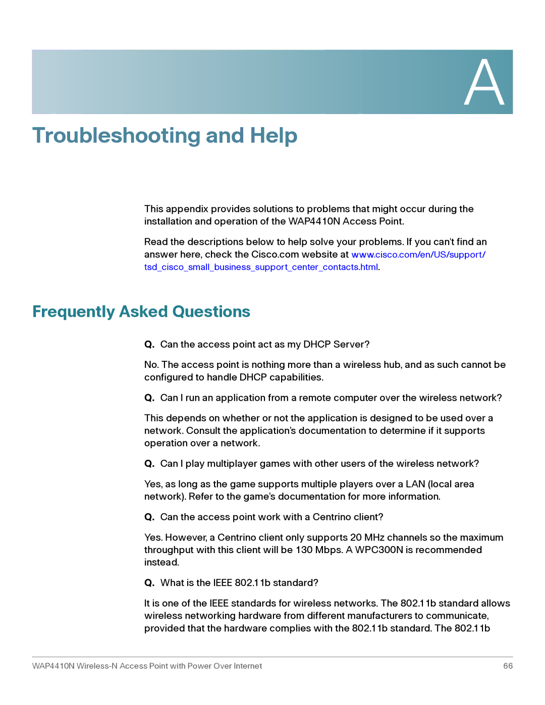 Cisco Systems WAP4410N manual Troubleshooting and Help, Frequently Asked Questions 