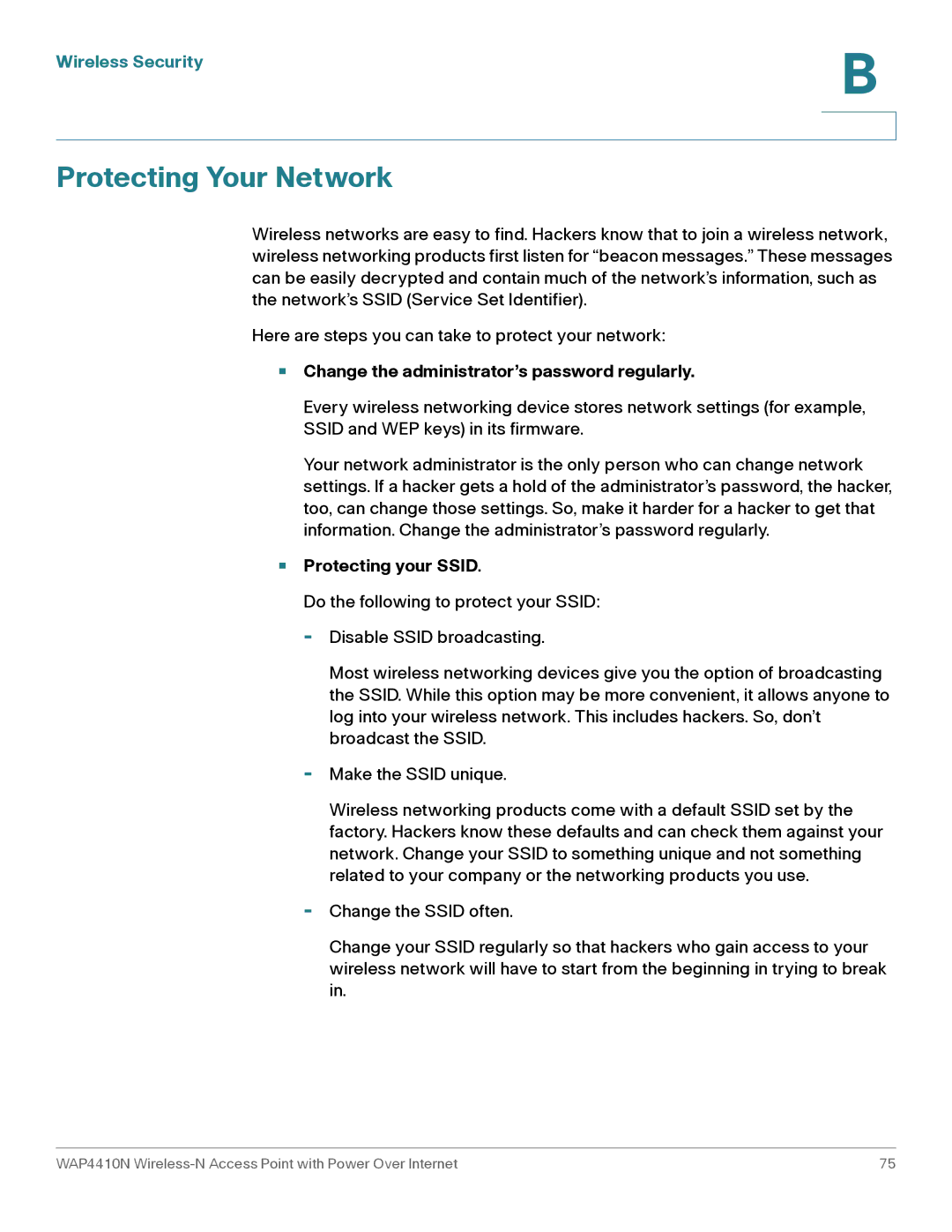 Cisco Systems WAP4410N manual Protecting Your Network, Change the administrator’s password regularly, Protecting your Ssid 