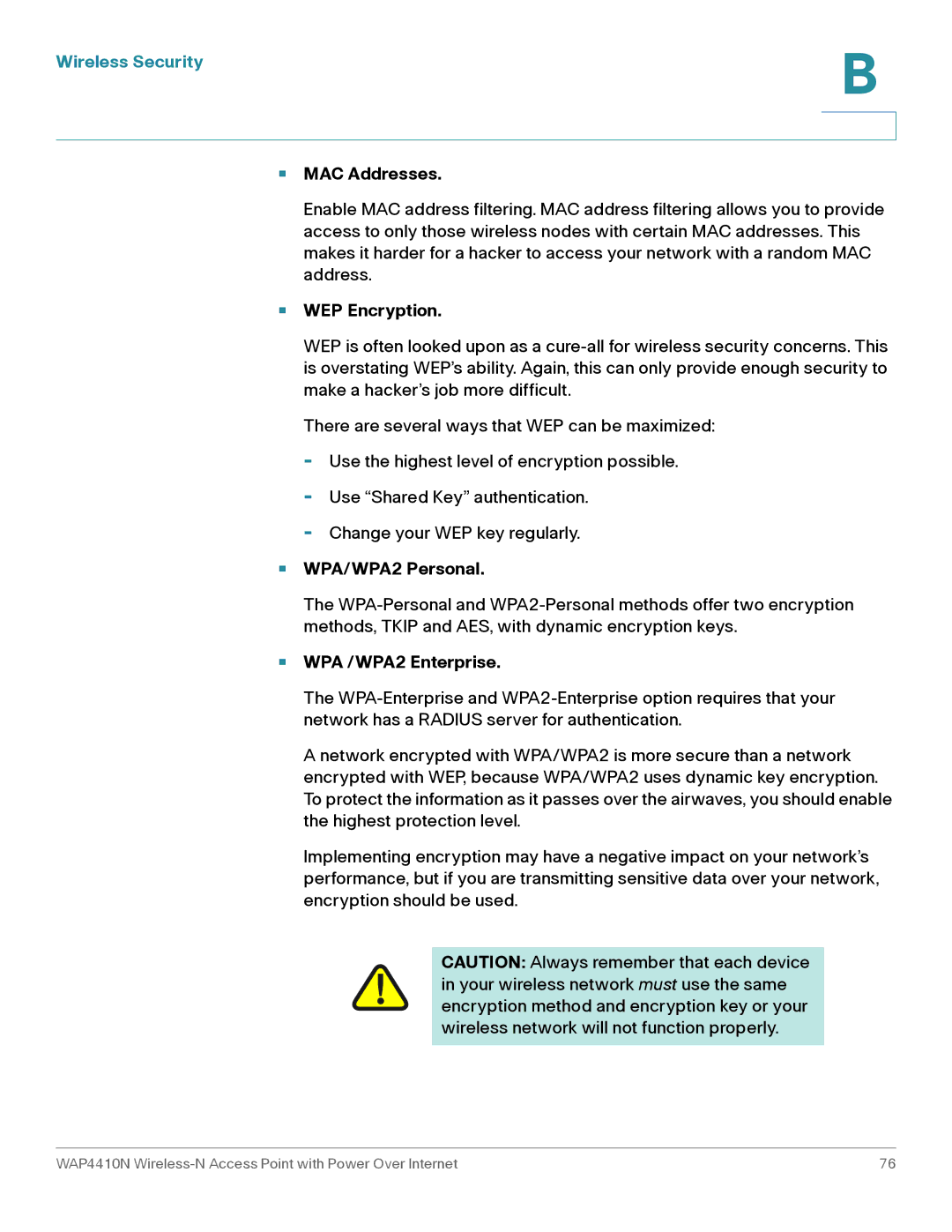 Cisco Systems WAP4410N manual MAC Addresses, WEP Encryption, WPA/WPA2 Personal, WPA /WPA2 Enterprise 