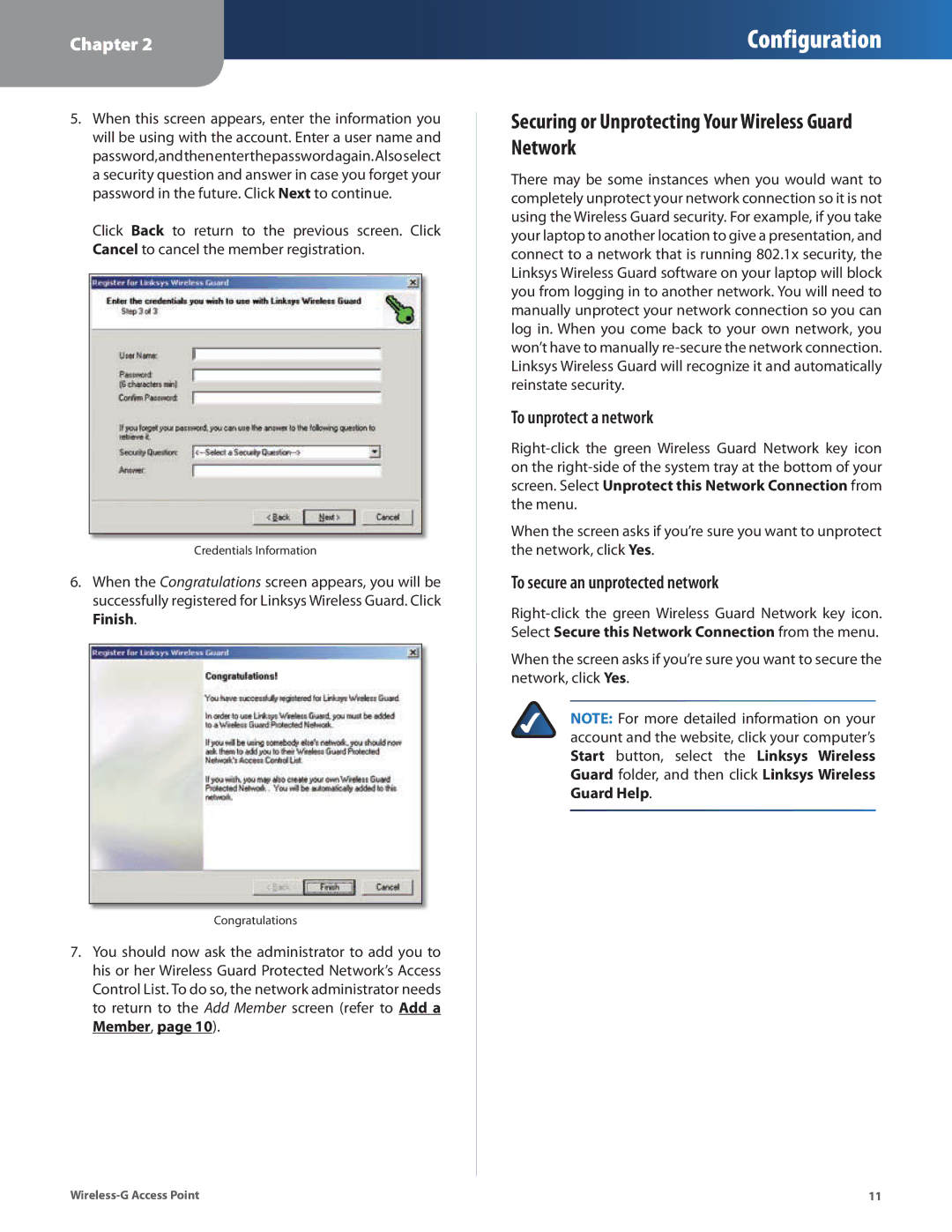 Cisco Systems WAP54G manual Securing or Unprotecting Your Wireless Guard Network, To unprotect a network 