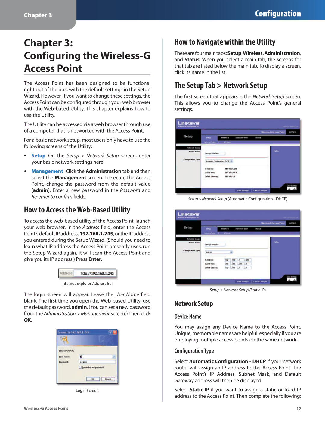 Cisco Systems WAP54G Chapter Configuring the Wireless-G Access Point, How to Access the Web-Based Utility, Network Setup 