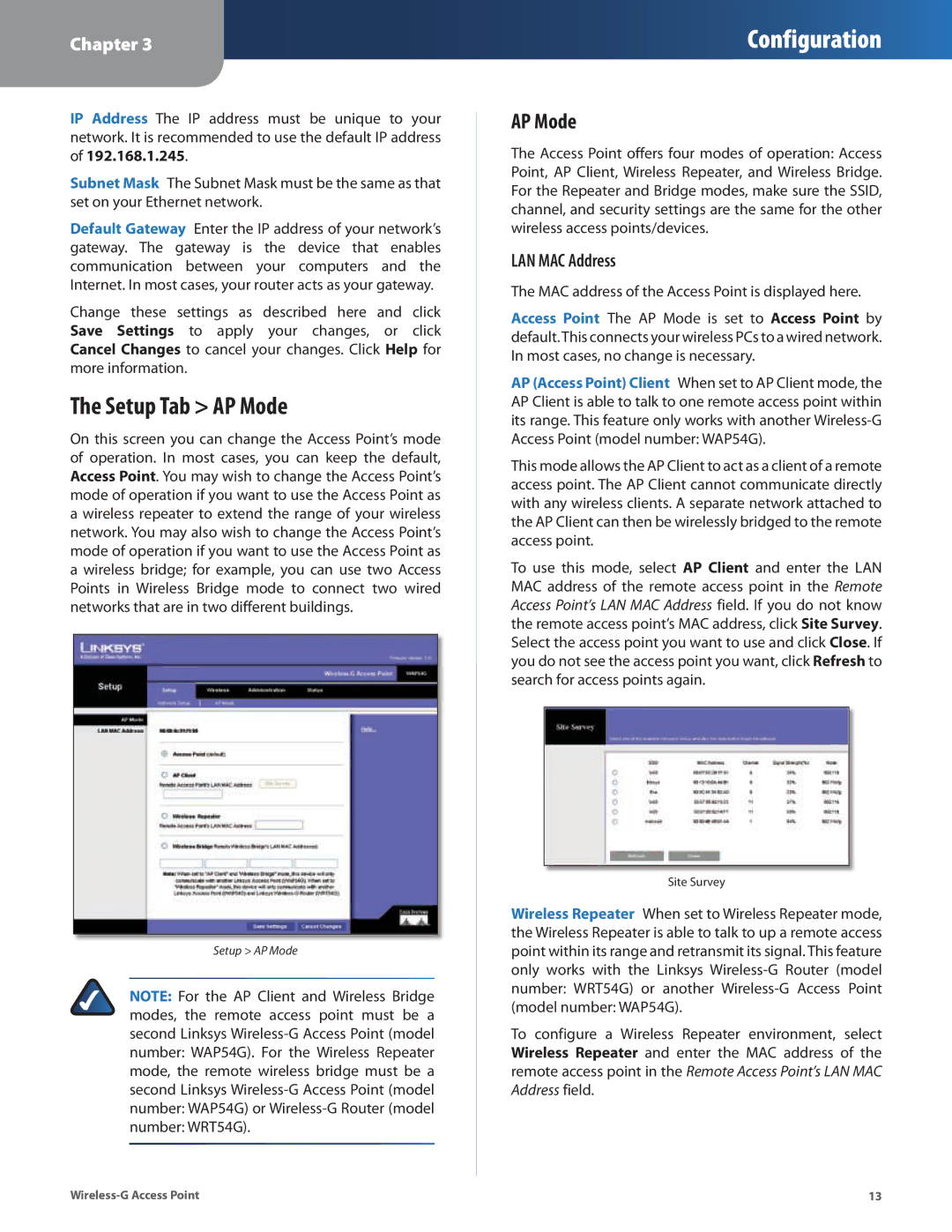 Cisco Systems WAP54G manual Setup Tab AP Mode, LAN MAC Address 