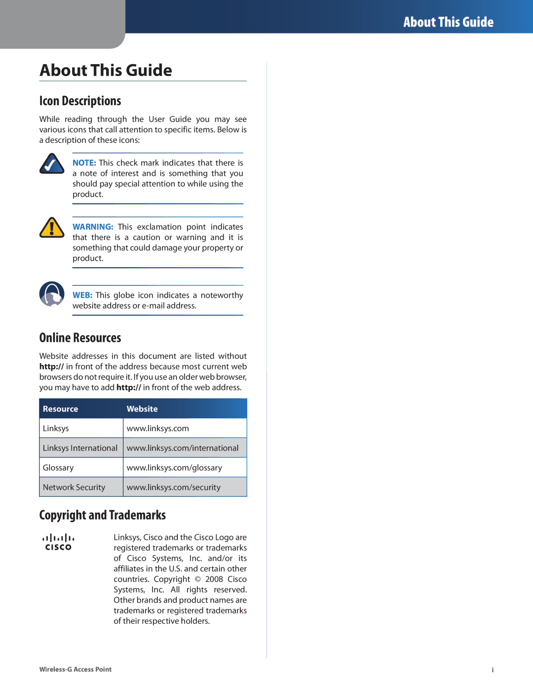 Cisco Systems WAP54G manual About This Guide, Icon Descriptions, Online Resources, Copyright and Trademarks 