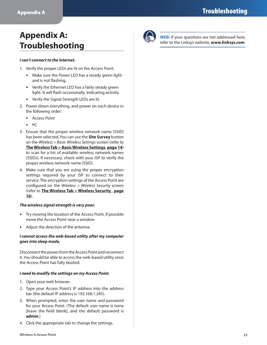 Cisco Systems WAP54G manual Appendix a Troubleshooting, Can’t connect to the Internet 