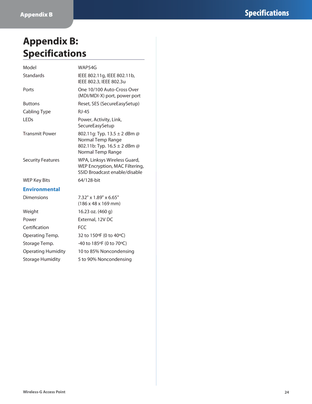 Cisco Systems WAP54G manual Appendix B Specifications 