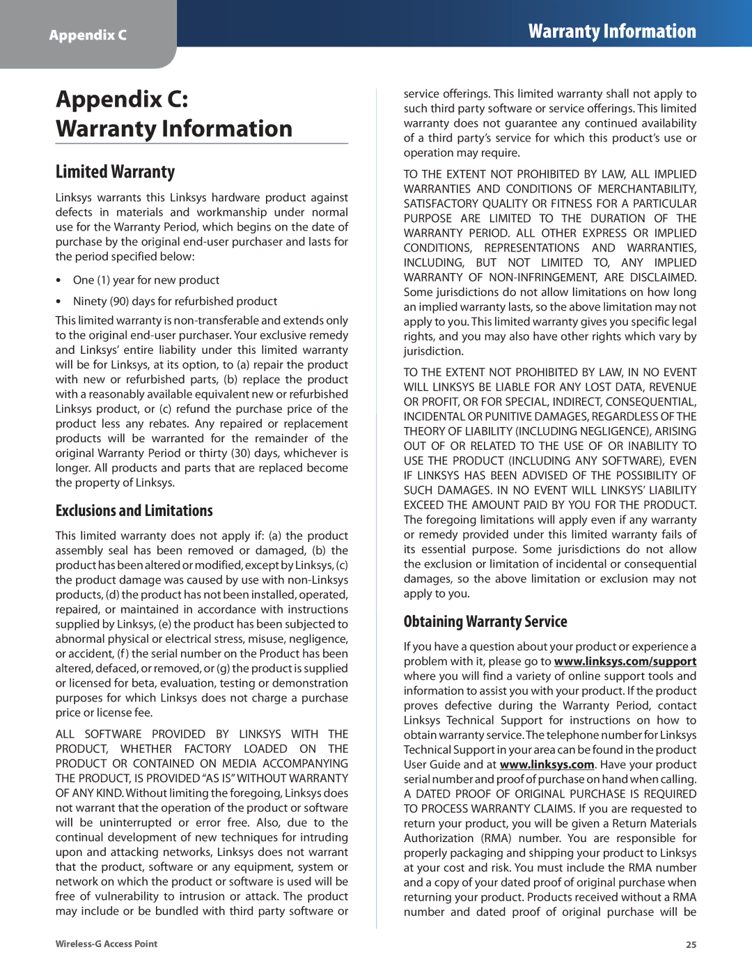 Cisco Systems WAP54G manual Limited Warranty, Exclusions and Limitations, Obtaining Warranty Service 