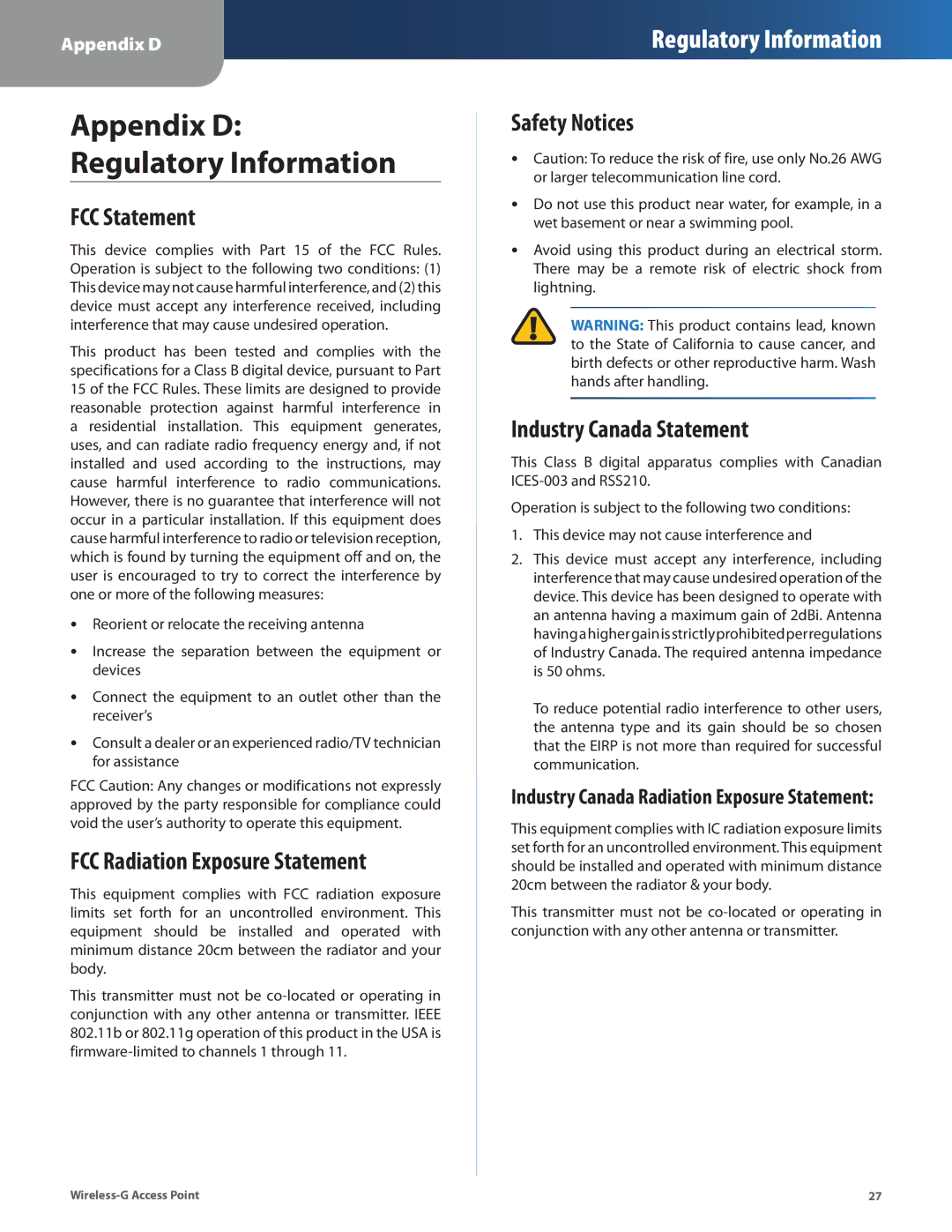 Cisco Systems WAP54G manual FCC Statement, FCC Radiation Exposure Statement, Safety Notices, Industry Canada Statement 