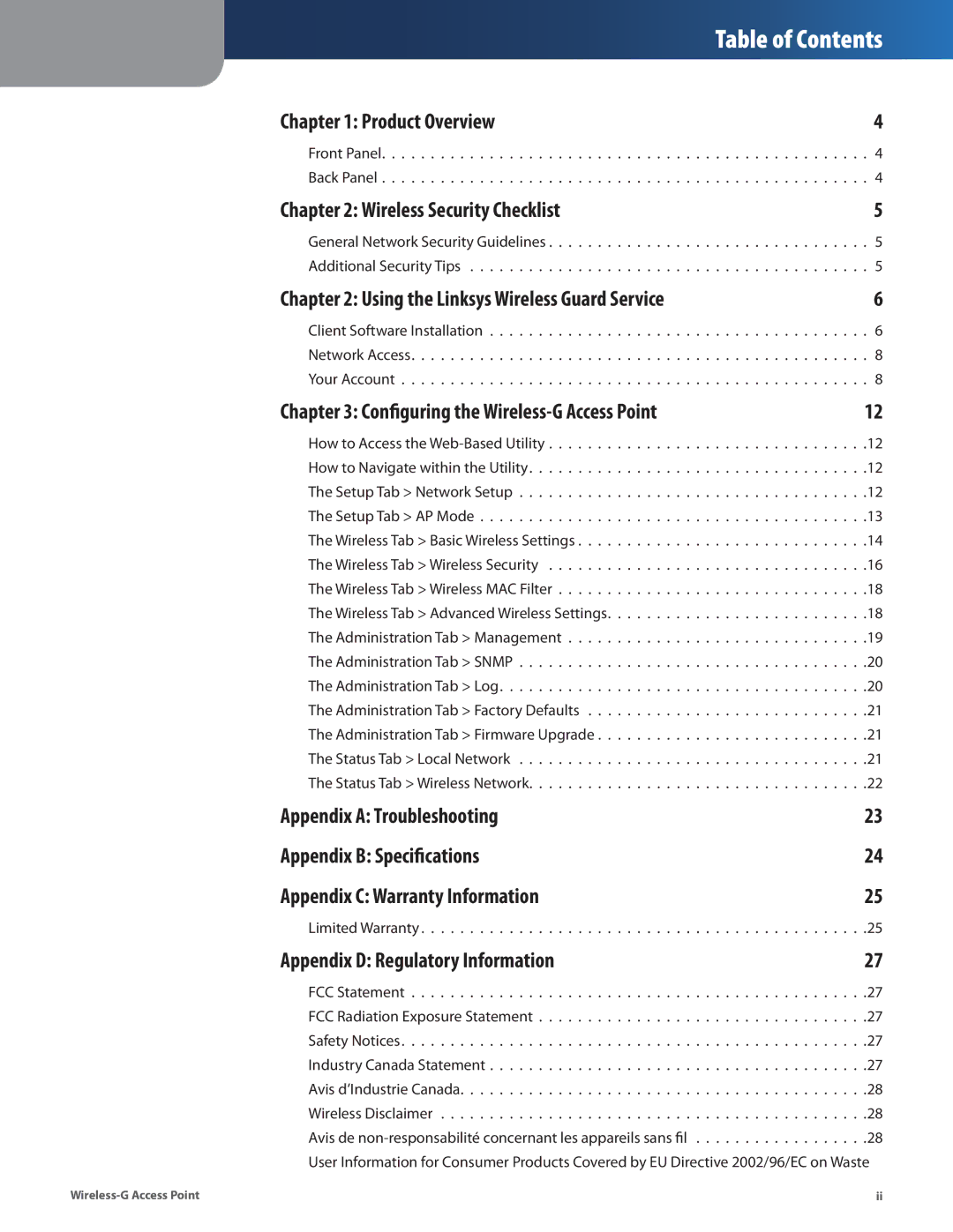 Cisco Systems WAP54G manual Table of Contents 