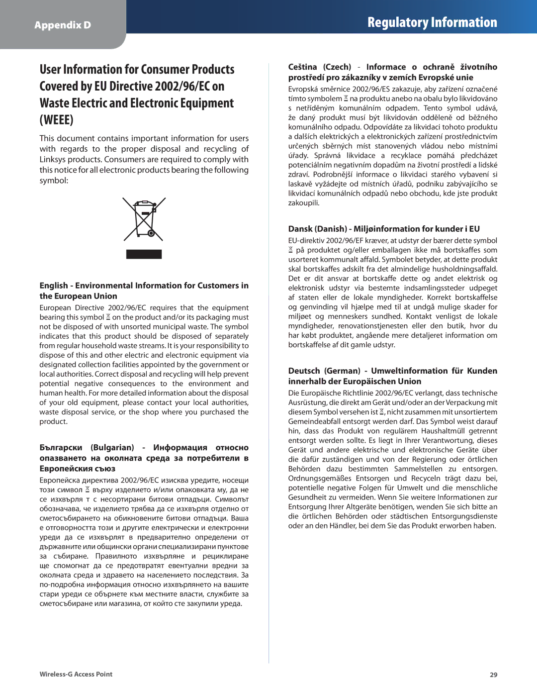 Cisco Systems WAP54G manual Dansk Danish Miljøinformation for kunder i EU 