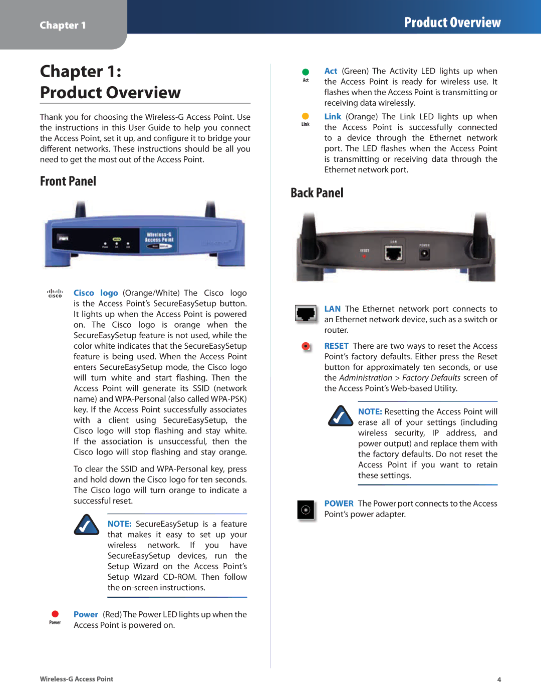 Cisco Systems WAP54G manual Chapter Product Overview, Front Panel, Back Panel 