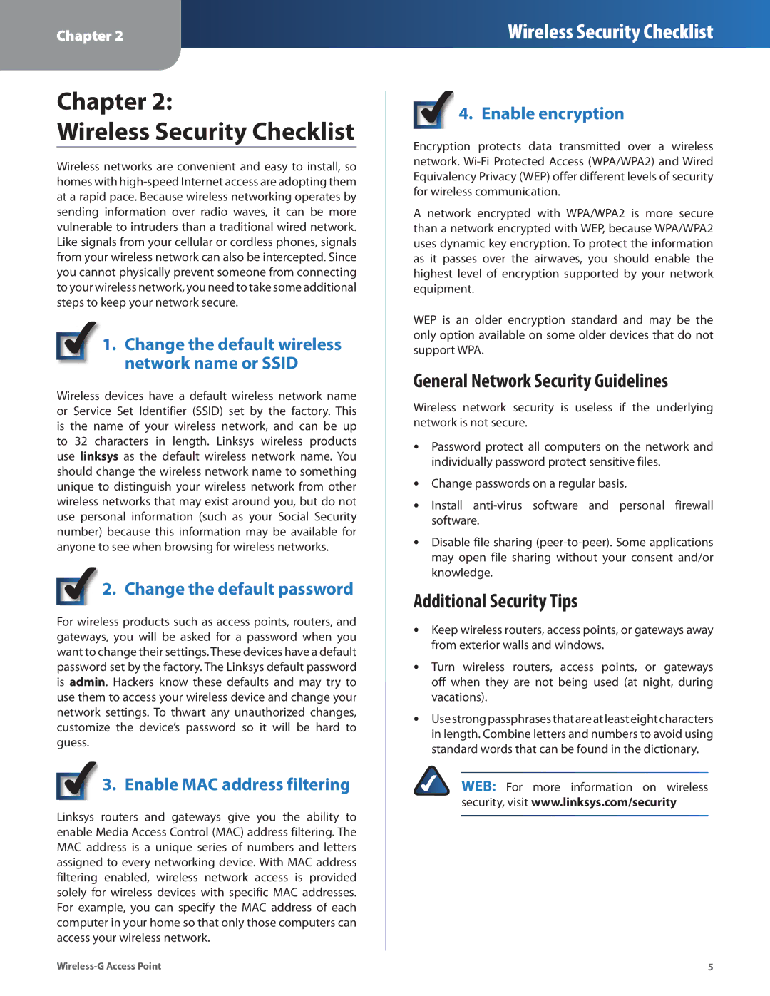 Cisco Systems WAP54G Chapter Wireless Security Checklist, General Network Security Guidelines, Additional Security Tips 