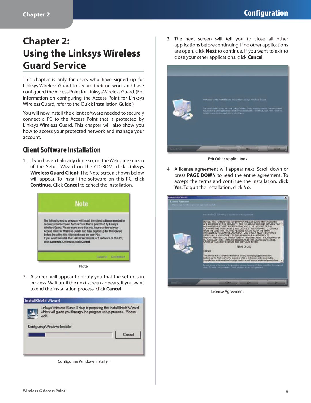 Cisco Systems WAP54G manual Chapter Using the Linksys Wireless Guard Service, Client Software Installation 