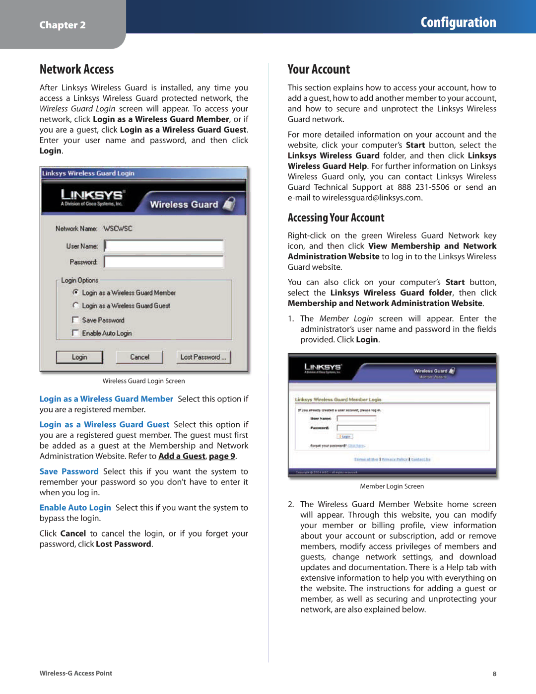 Cisco Systems WAP54G manual Network Access, Accessing Your Account 