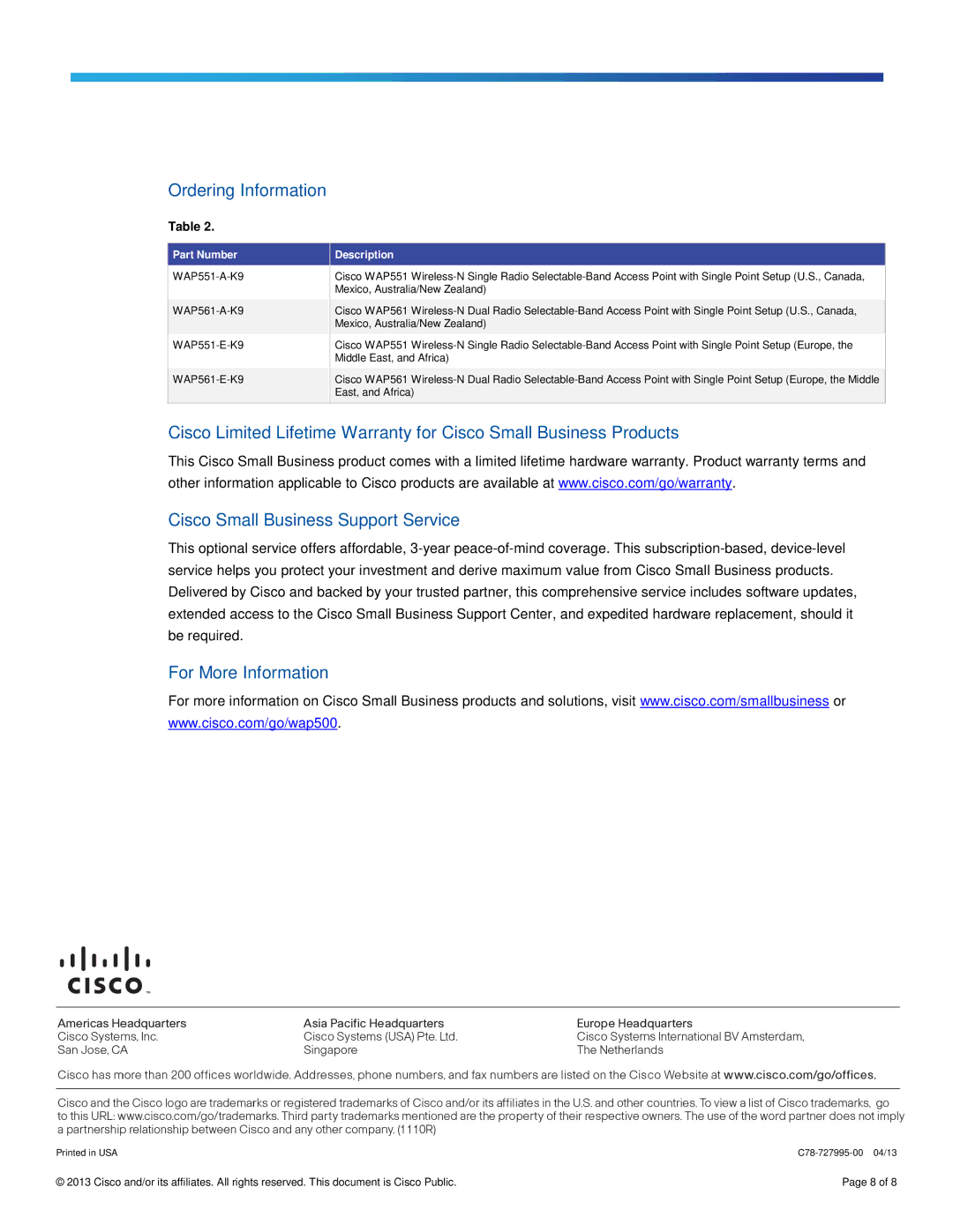 Cisco Systems WAP551AK9 manual Ordering Information, For More Information 