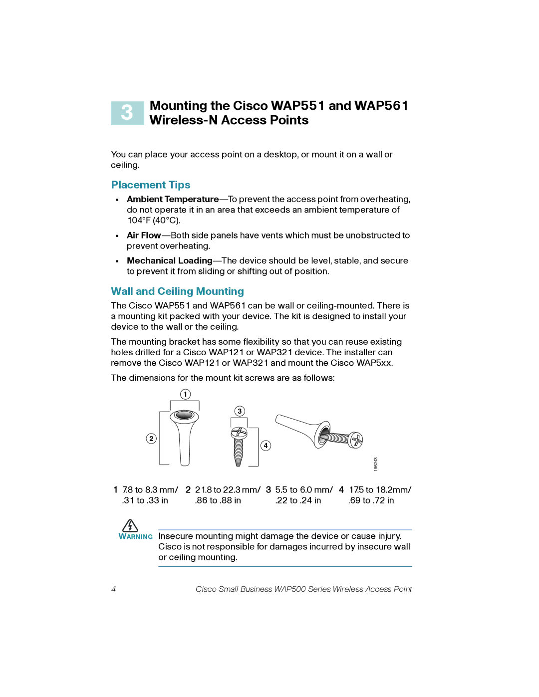 Cisco Systems WAP561AK9 quick start Mounting the Cisco WAP551 and WAP561, Wireless-N Access Points, Placement Tips 