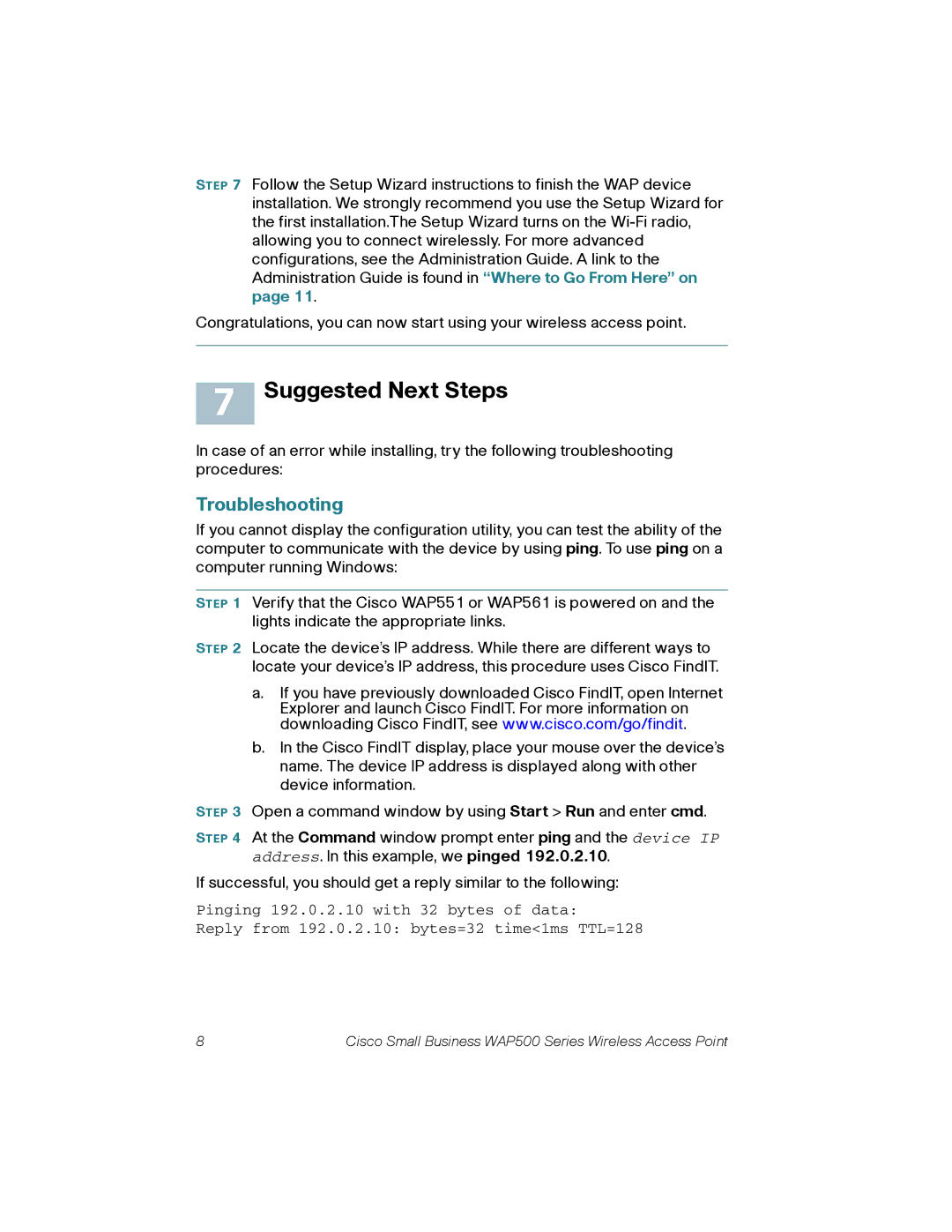 Cisco Systems WAP561AK9 quick start Suggested Next Steps, Troubleshooting 