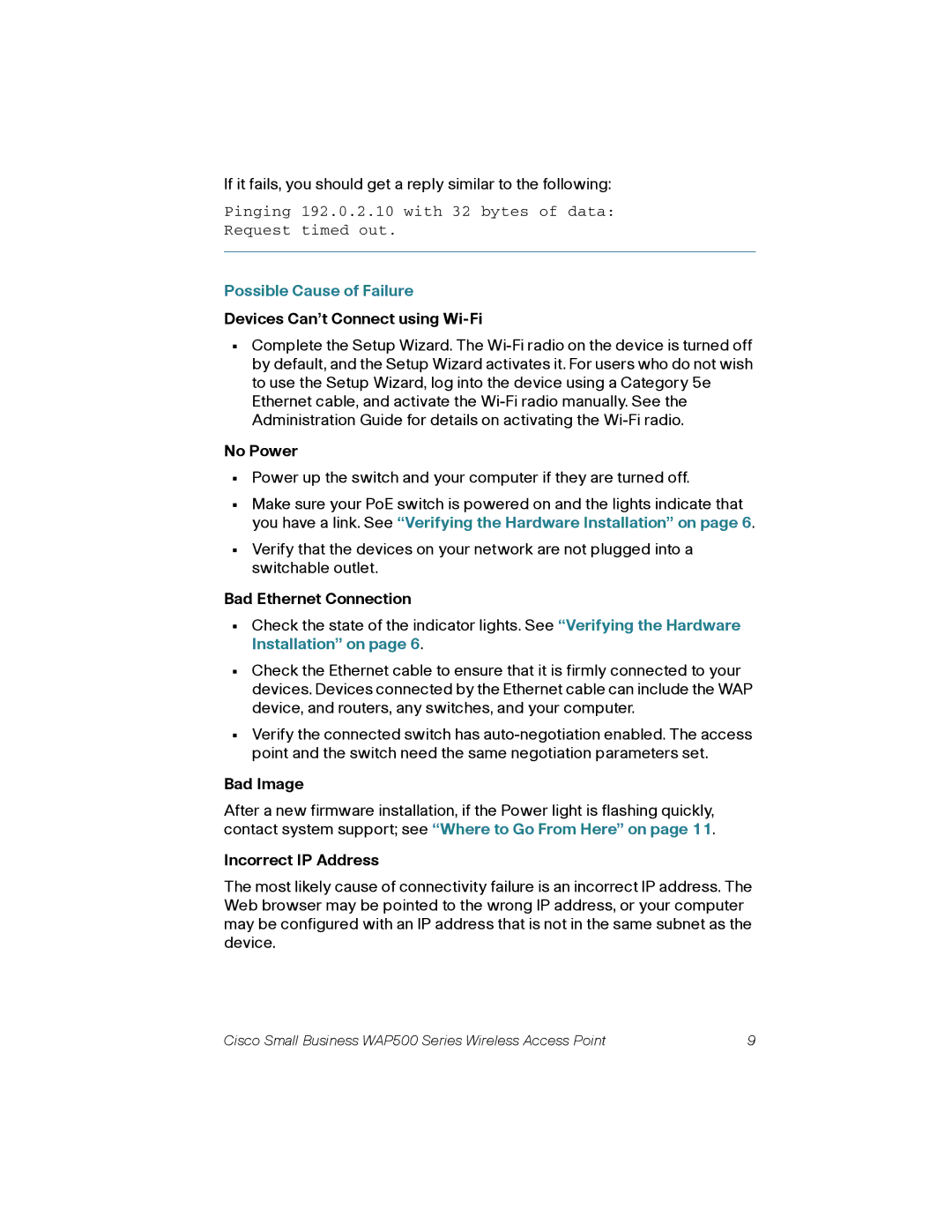 Cisco Systems WAP561AK9 quick start Possible Cause of Failure, Devices Can’t Connect using Wi-Fi 