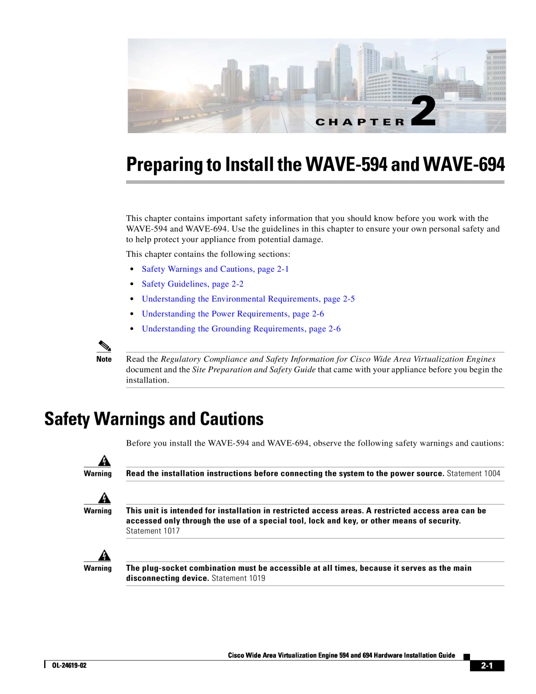 Cisco Systems WAVE594K9 Preparing to Install the WAVE-594 and WAVE-694, Safety Warnings and Cautions, C H A P T E R 