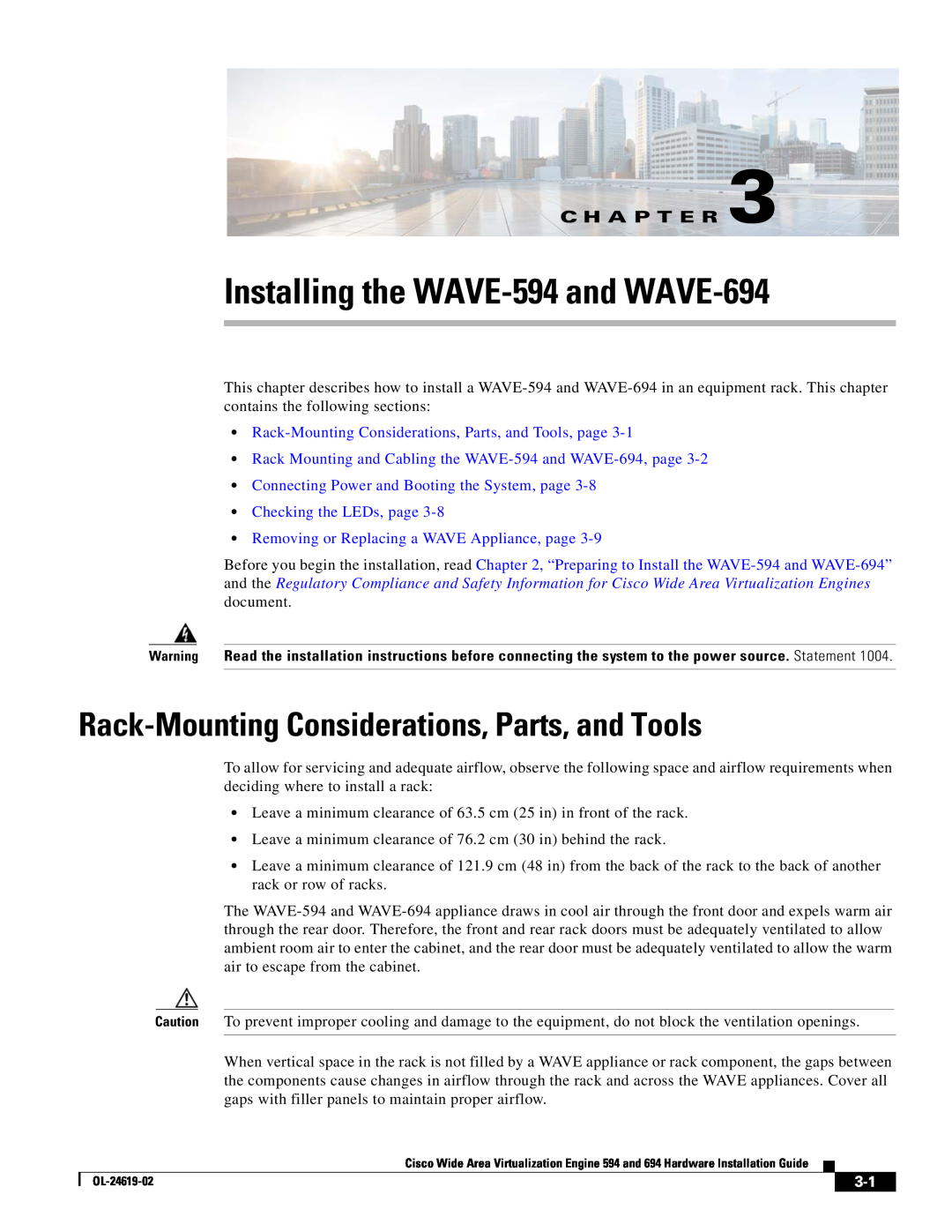 Cisco Systems manual Installing the WAVE-594 and WAVE-694, Rack-Mounting Considerations, Parts, and Tools, C H A P T E R 
