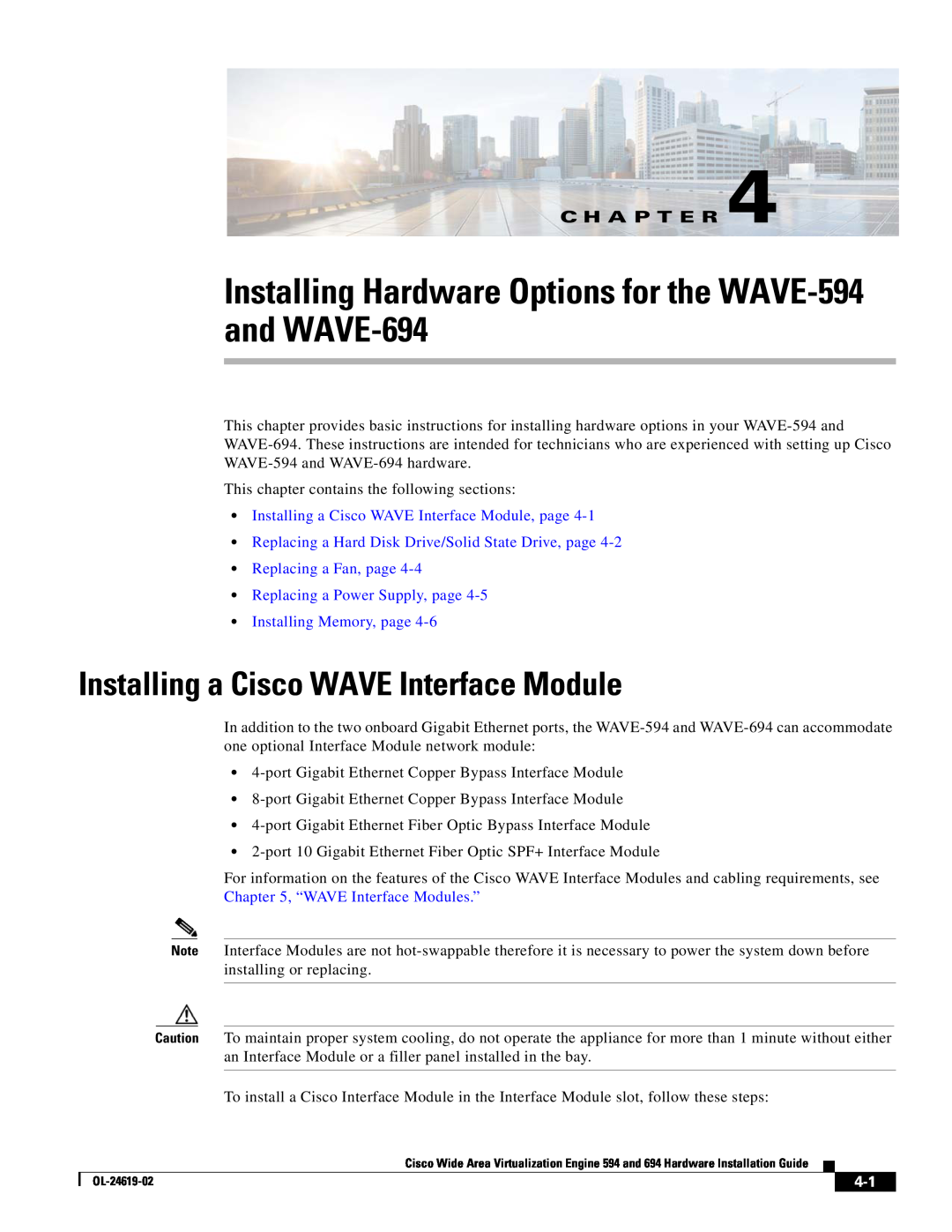 Cisco Systems manual Installing Hardware Options for the WAVE-594 and WAVE-694, Installing a Cisco WAVE Interface Module 
