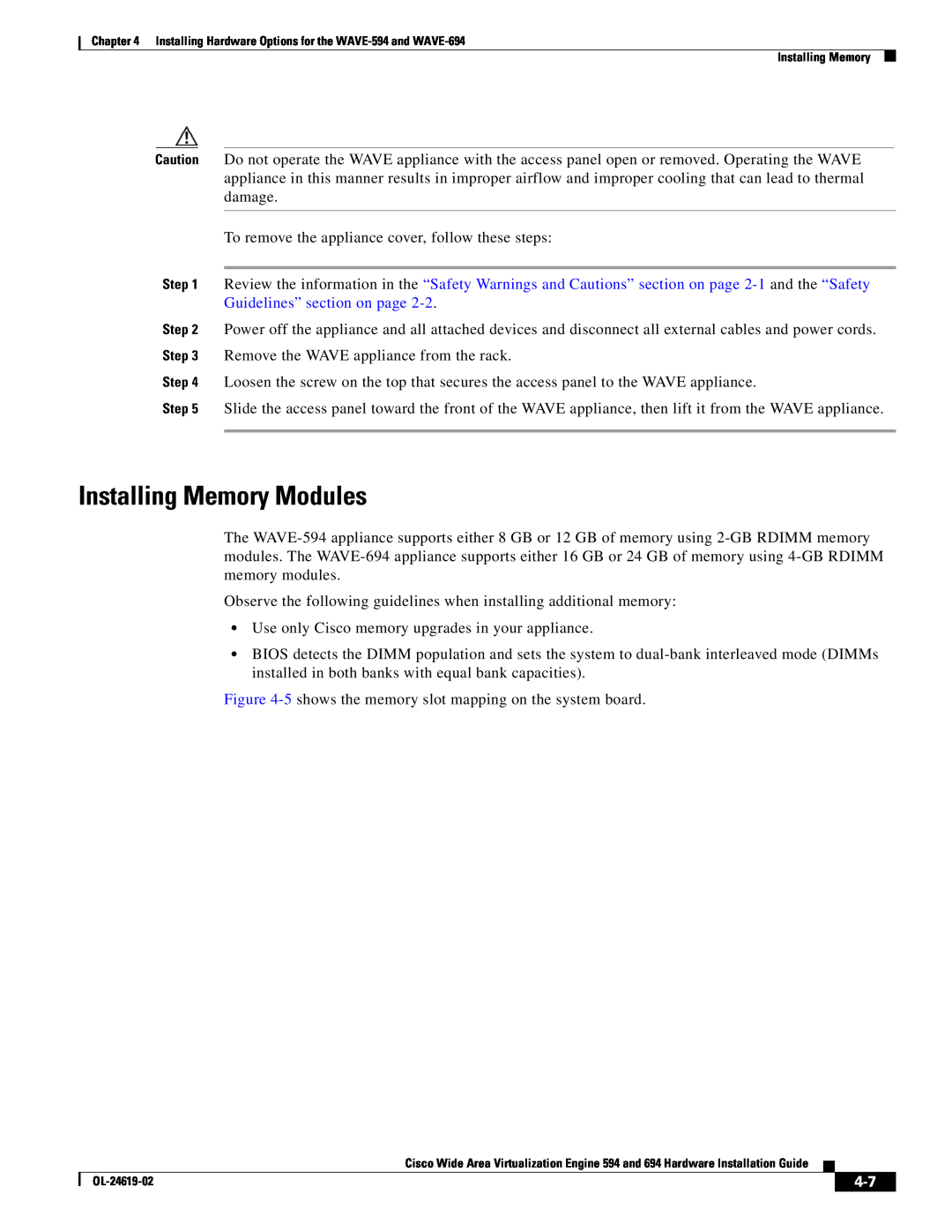 Cisco Systems 694, WAVE594K9 manual Installing Memory Modules 