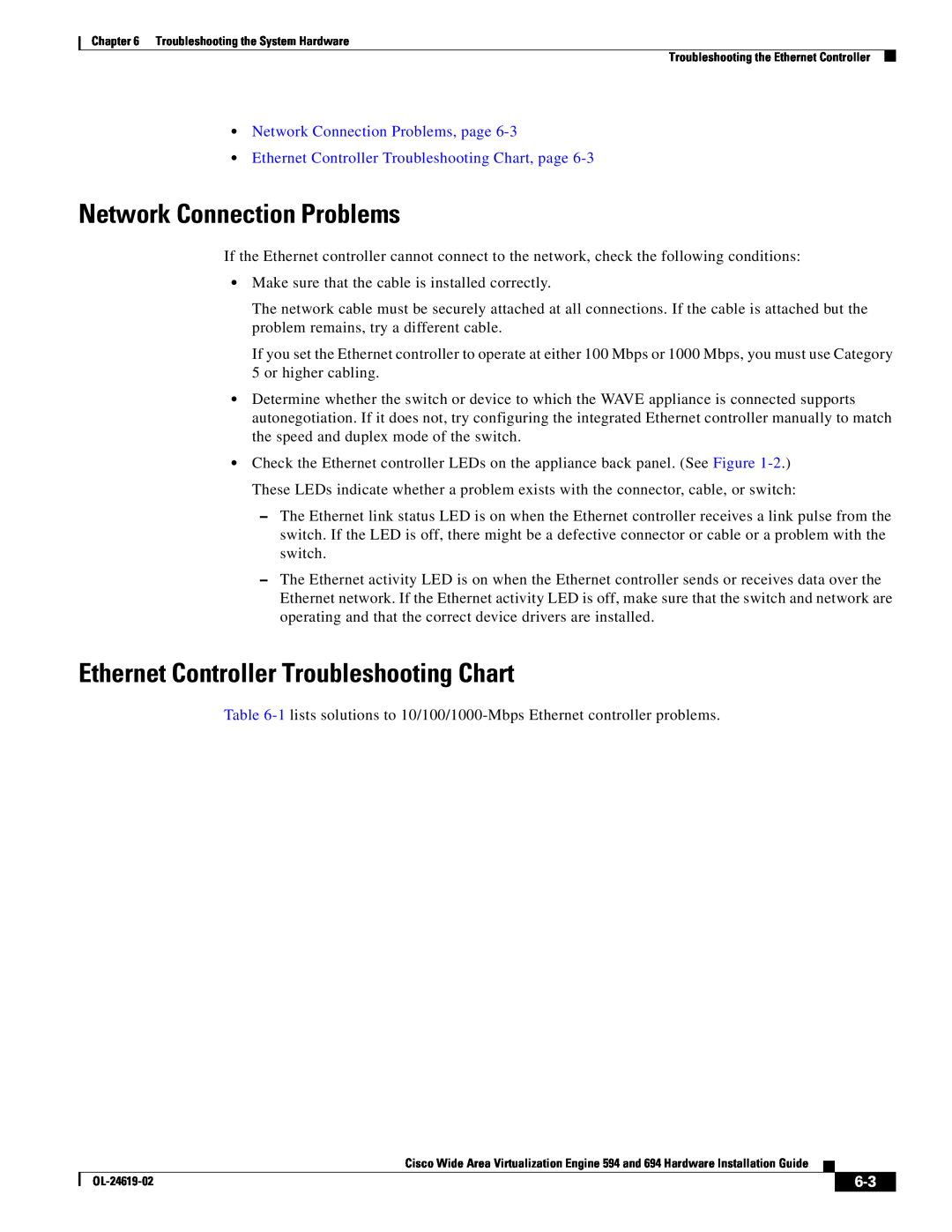 Cisco Systems 694, WAVE594K9 manual Network Connection Problems, Ethernet Controller Troubleshooting Chart 
