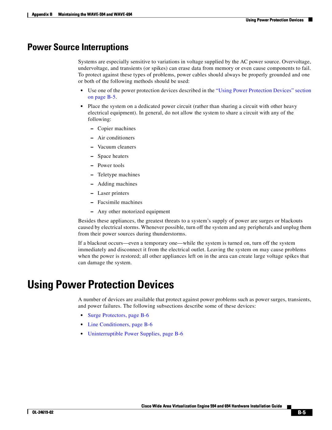 Cisco Systems 694 Using Power Protection Devices, Power Source Interruptions, Uninterruptible Power Supplies, page B-6 
