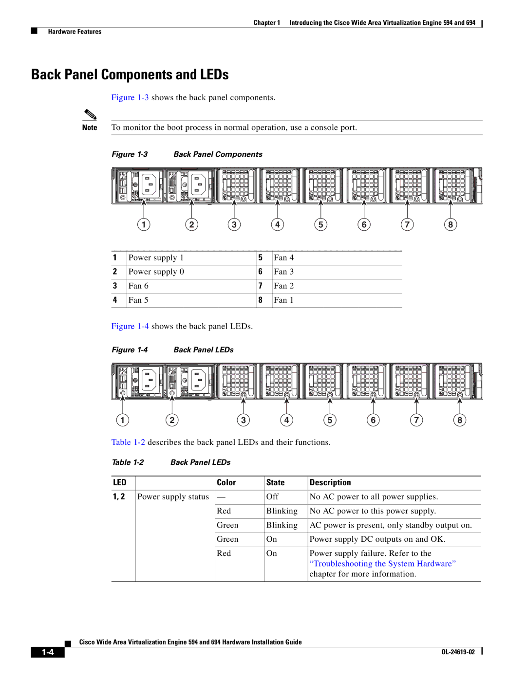 Cisco Systems WAVE594K9, 694 manual Back Panel Components and LEDs, 3shows the back panel components 