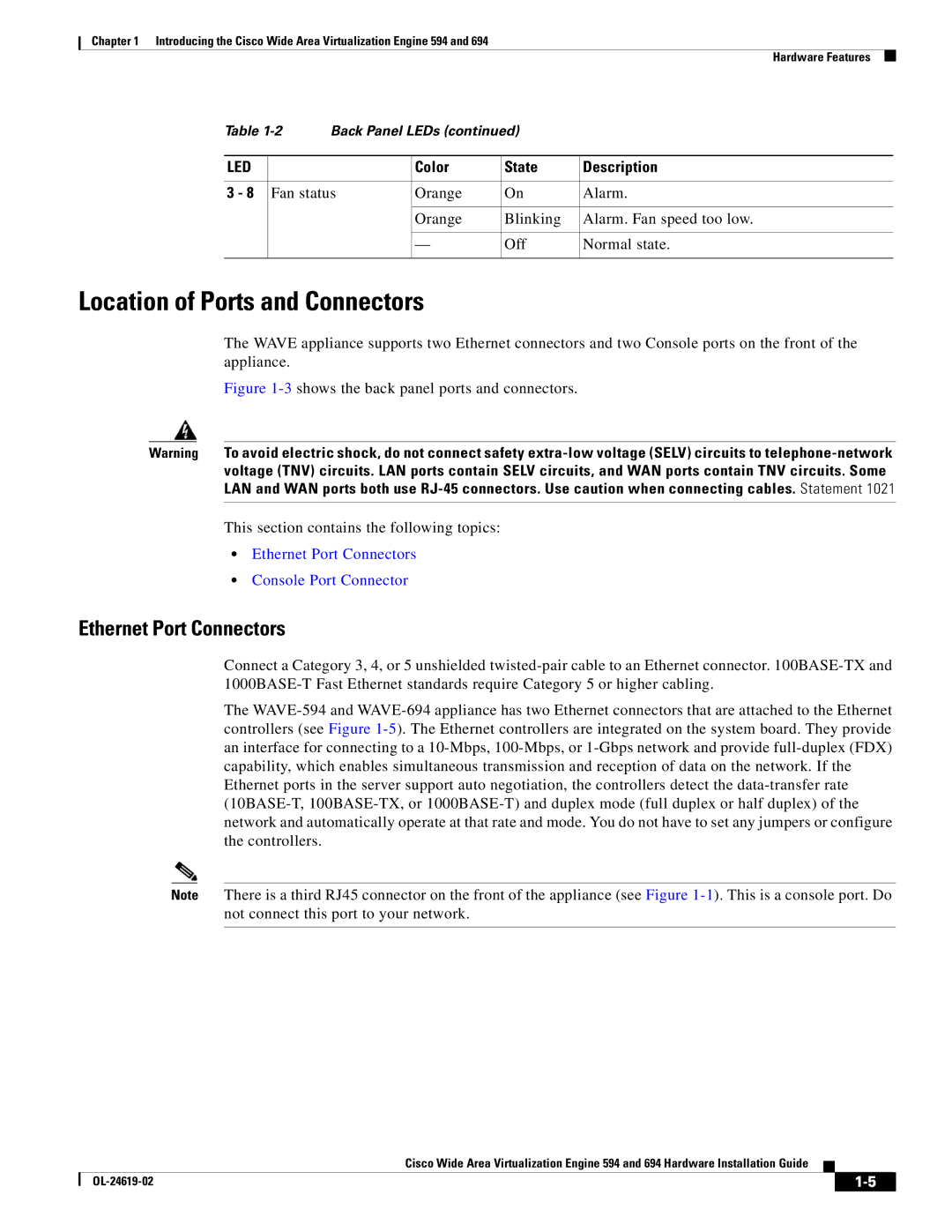 Cisco Systems 694, WAVE594K9 manual Location of Ports and Connectors, Ethernet Port Connectors 