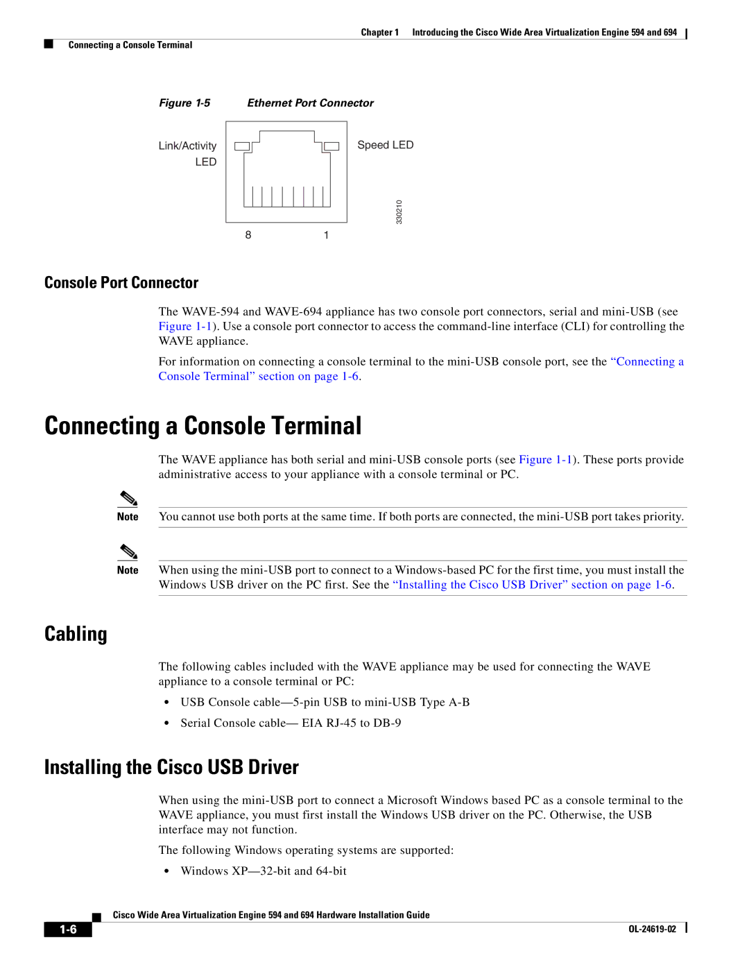 Cisco Systems WAVE594K9, 694 manual Connecting a Console Terminal, Cabling, Installing the Cisco USB Driver 