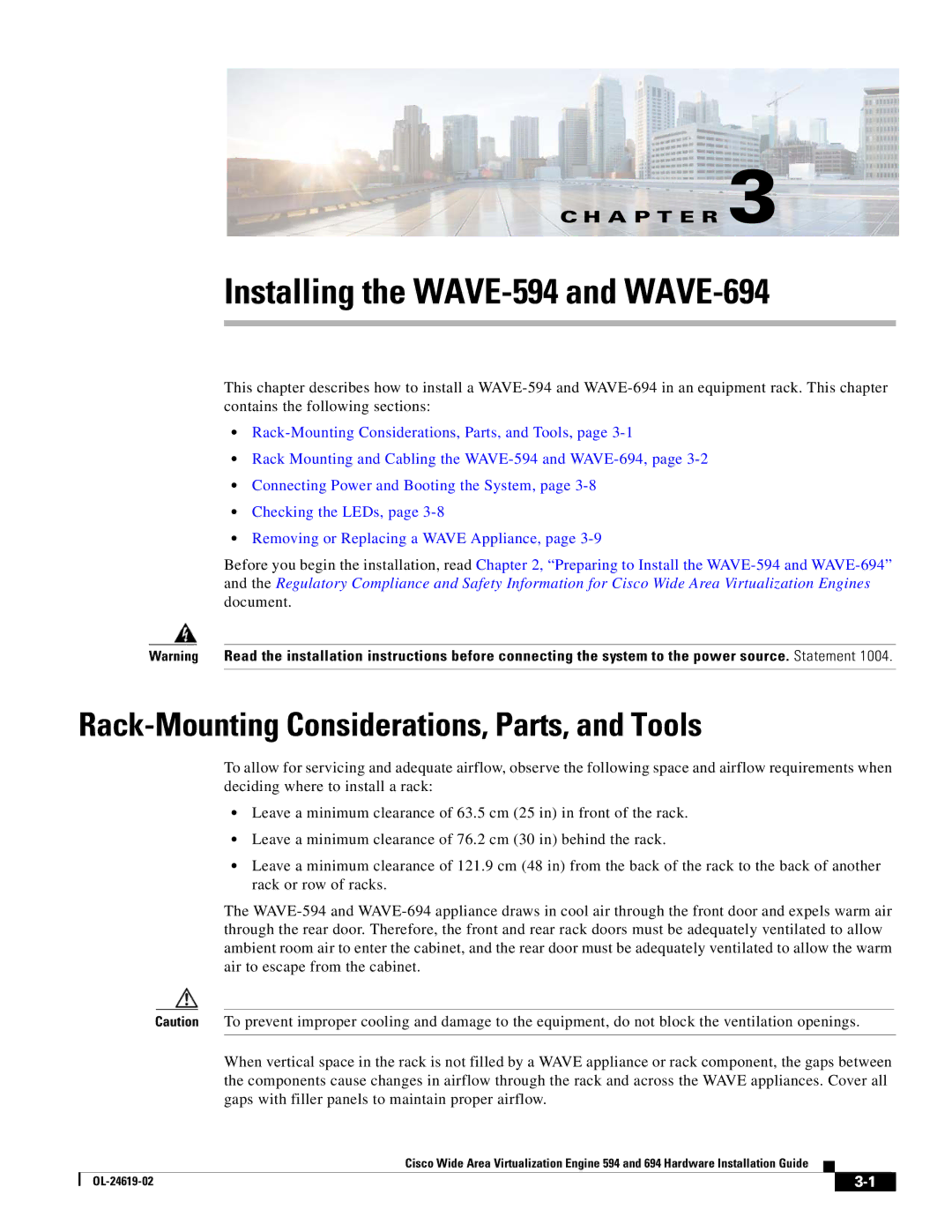 Cisco Systems WAVE594K9 manual Installing the WAVE-594 and WAVE-694, Rack-Mounting Considerations, Parts, and Tools 