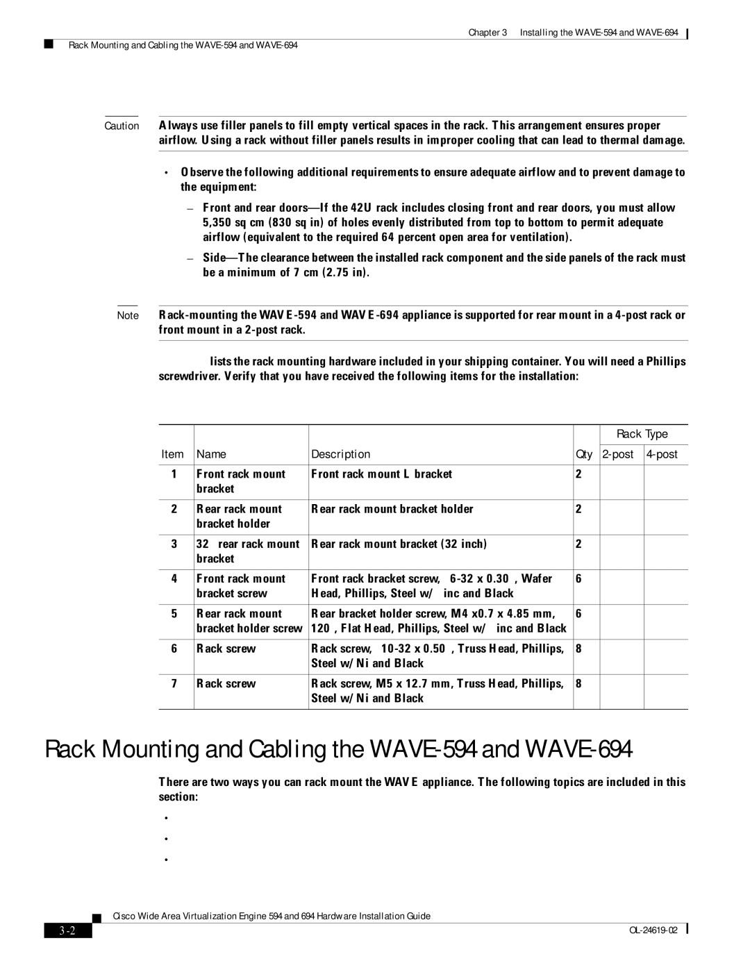 Cisco Systems WAVE594K9, 694 manual Rack Type, Name Description Qty Post 