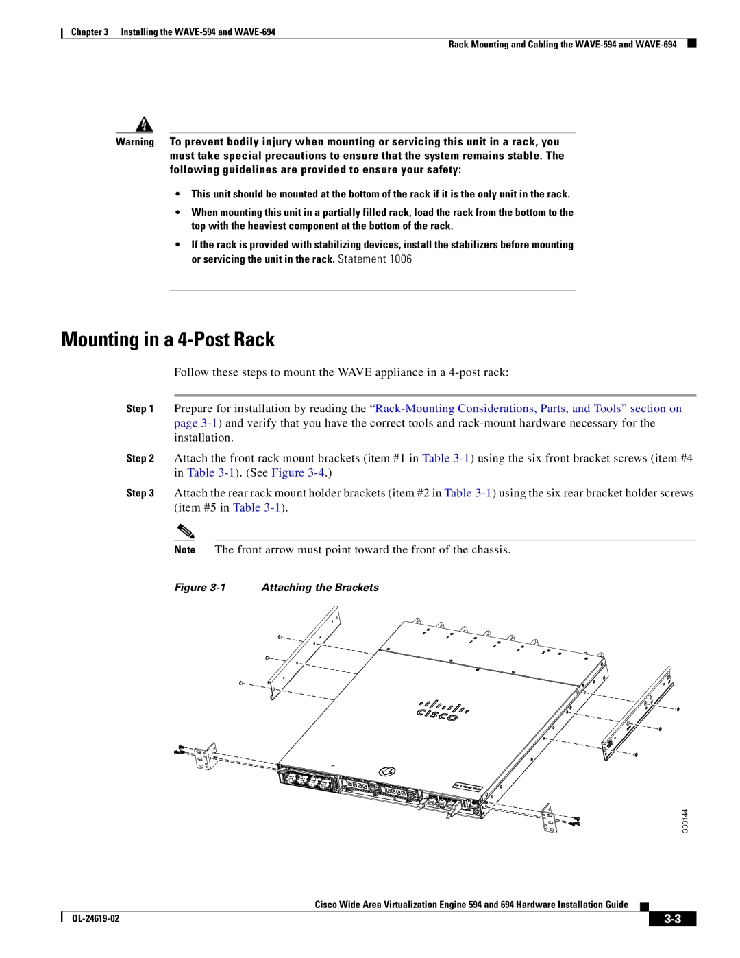 Cisco Systems 694, WAVE594K9 manual Mounting in a 4-Post Rack, Attaching the Brackets 