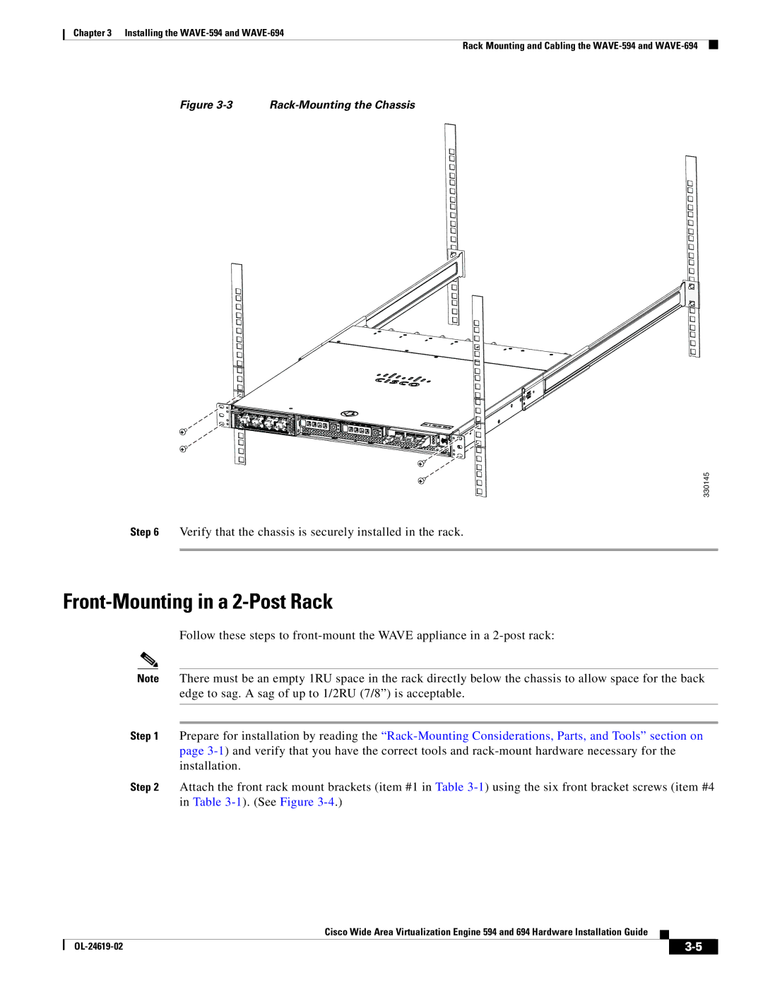 Cisco Systems 694, WAVE594K9 manual Front-Mounting in a 2-Post Rack, Rack-Mounting the Chassis 