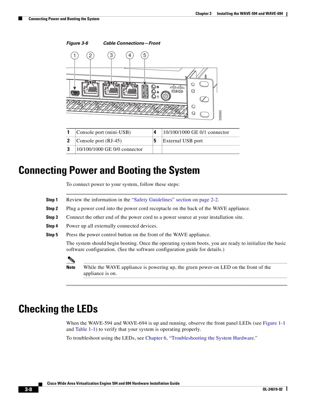 Cisco Systems WAVE594K9, 694 manual Connecting Power and Booting the System, Checking the LEDs 