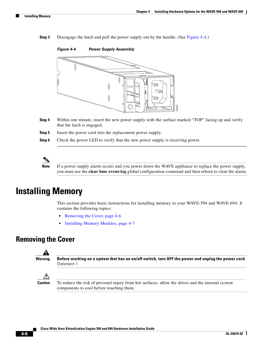 Cisco Systems WAVE594K9, 694 manual Installing Memory, Removing the Cover 