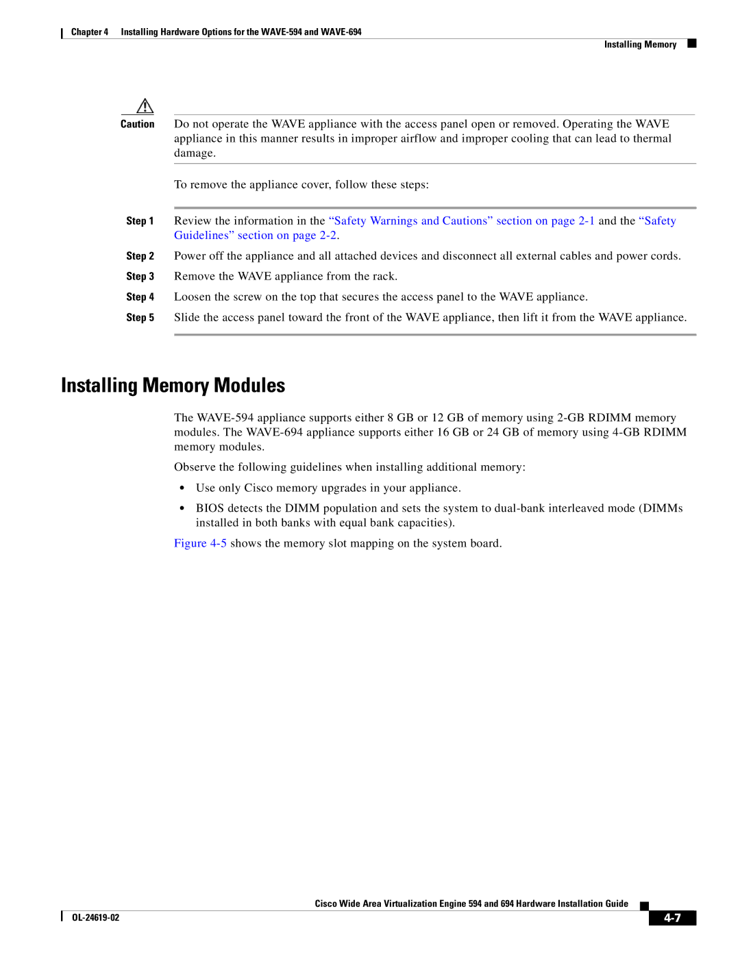 Cisco Systems 694, WAVE594K9 manual Installing Memory Modules, 5shows the memory slot mapping on the system board 