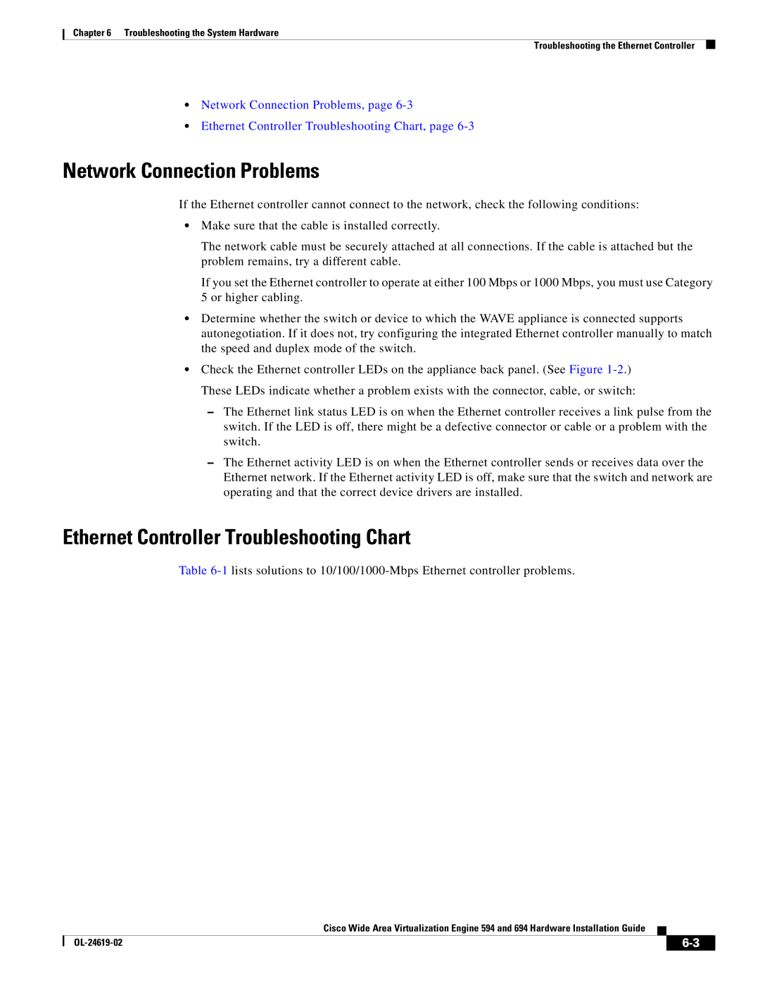 Cisco Systems 694, WAVE594K9 manual Network Connection Problems, Ethernet Controller Troubleshooting Chart 