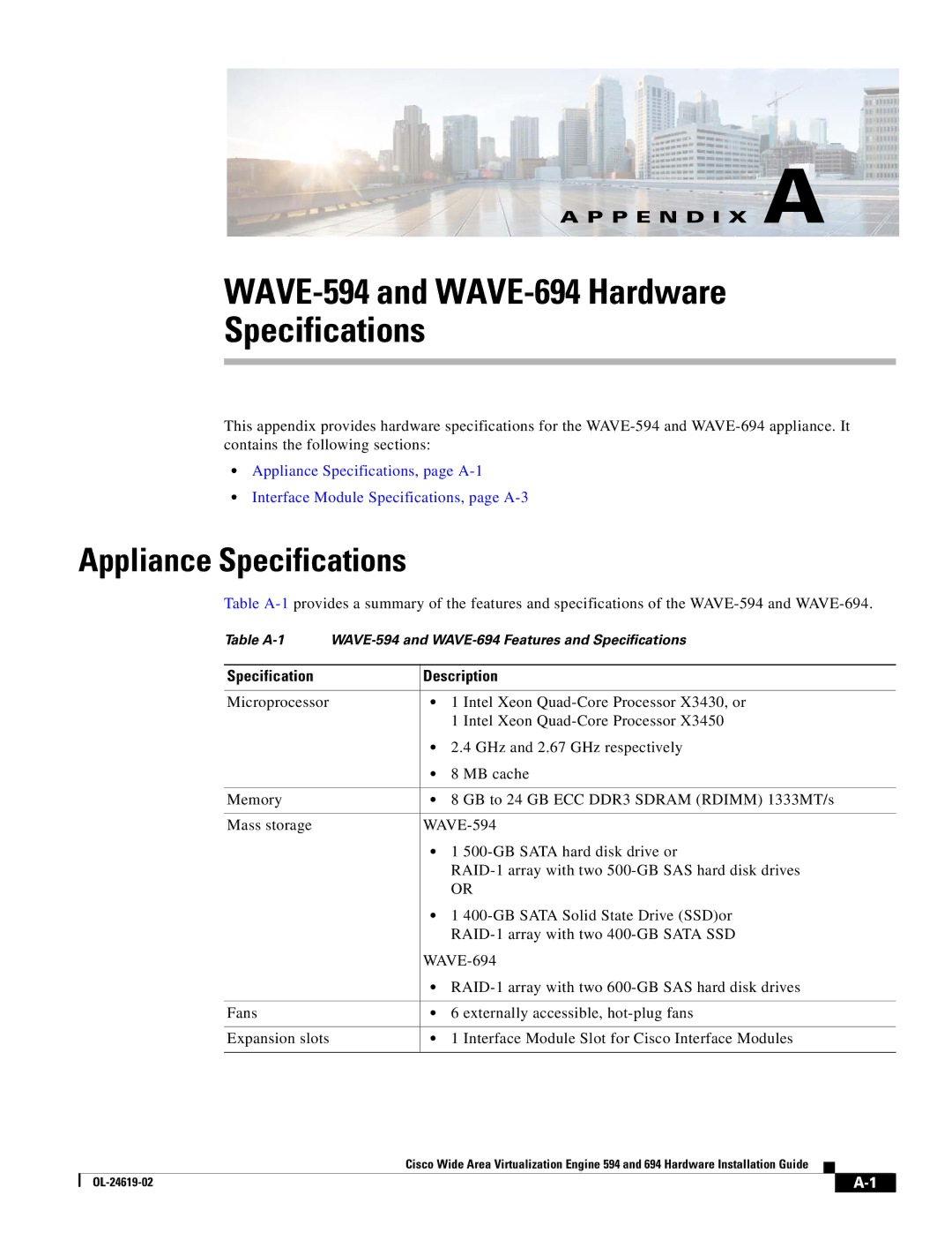 Cisco Systems manual WAVE-594 and WAVE-694 Hardware Specifications, Appliance Specifications, Specification Description 