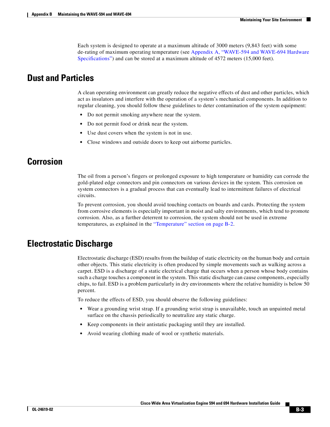 Cisco Systems 694, WAVE594K9 manual Dust and Particles, Corrosion, Electrostatic Discharge 