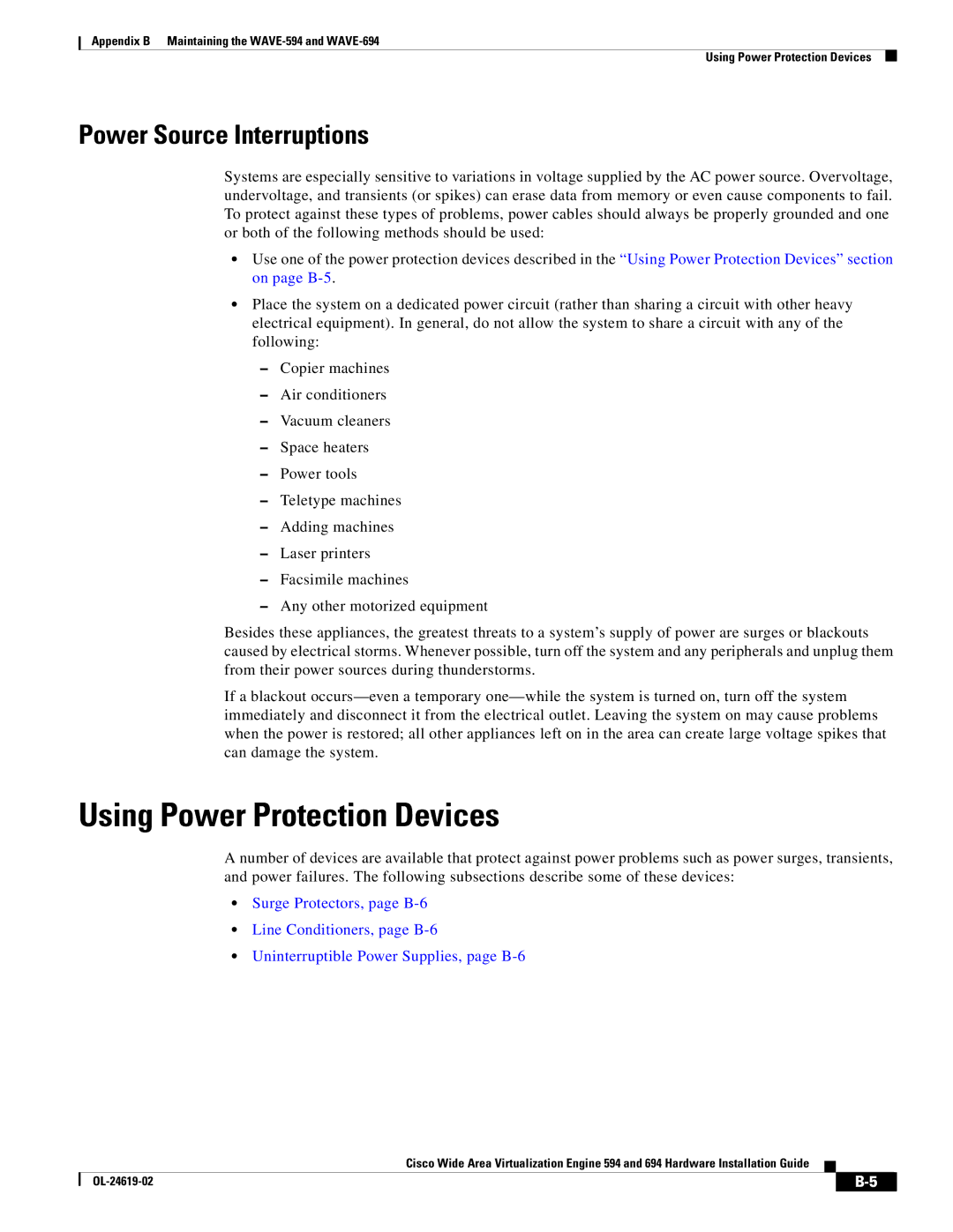 Cisco Systems 694, WAVE594K9 manual Using Power Protection Devices, Power Source Interruptions 