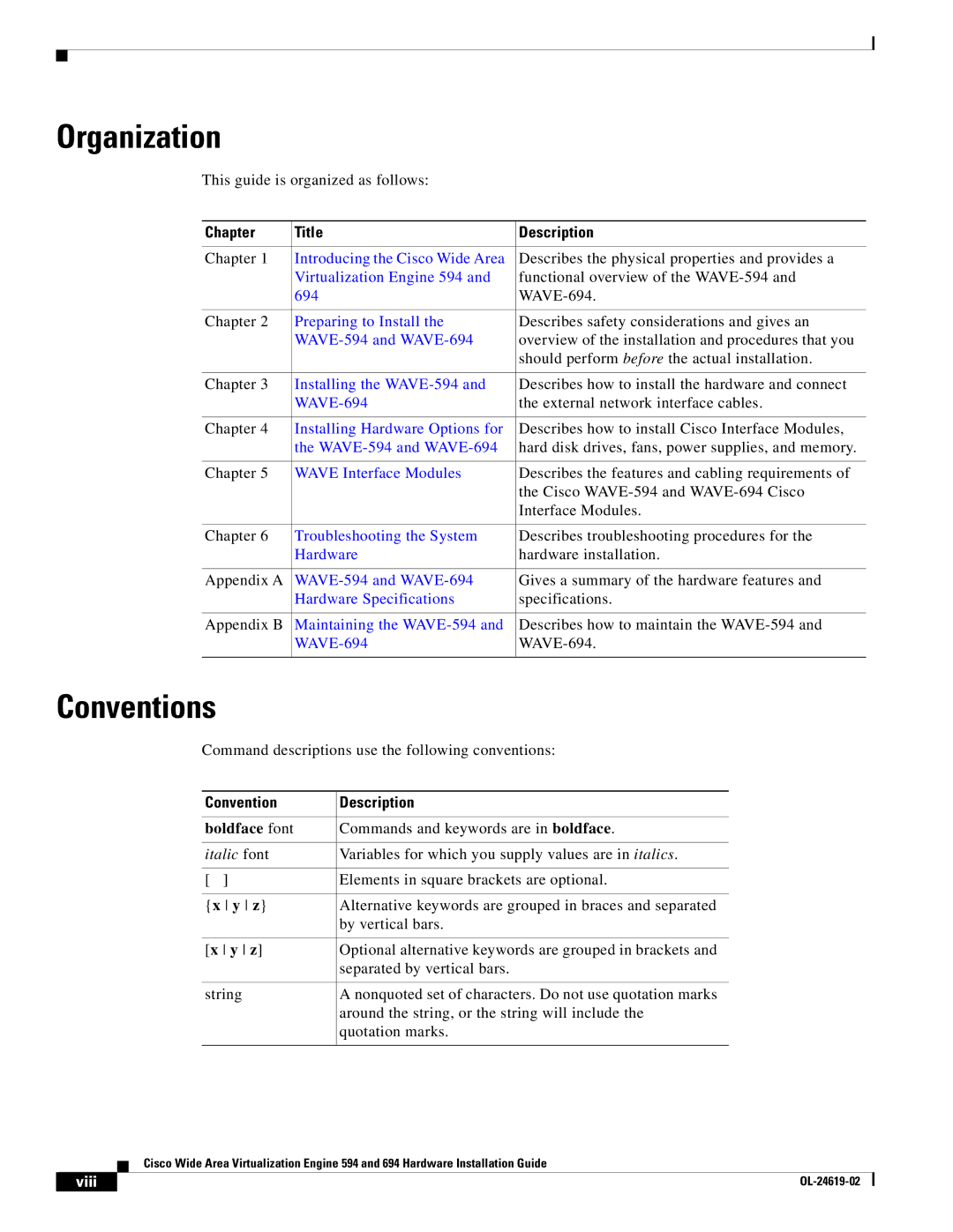 Cisco Systems WAVE594K9, 694 manual Organization, Conventions, Chapter Title Description, Convention Description 