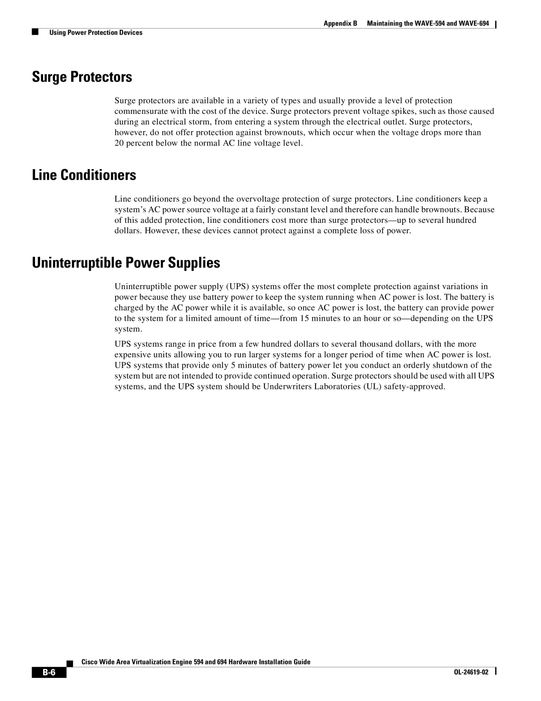 Cisco Systems WAVE594K9, 694 manual Surge Protectors, Line Conditioners, Uninterruptible Power Supplies 