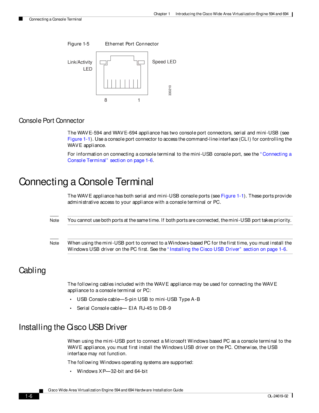 Cisco Systems WAVE694K9 Connecting a Console Terminal, Cabling, Installing the Cisco USB Driver, Console Port Connector 