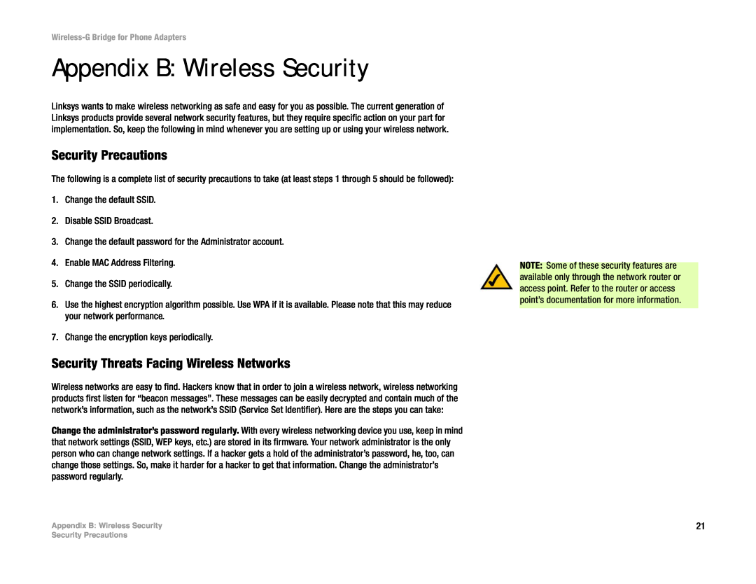 Cisco Systems WBP54G manual Appendix B Wireless Security, Security Precautions, Security Threats Facing Wireless Networks 