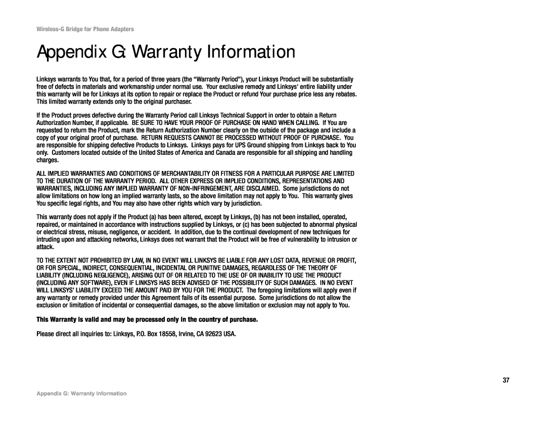 Cisco Systems WBP54G manual Appendix G Warranty Information 