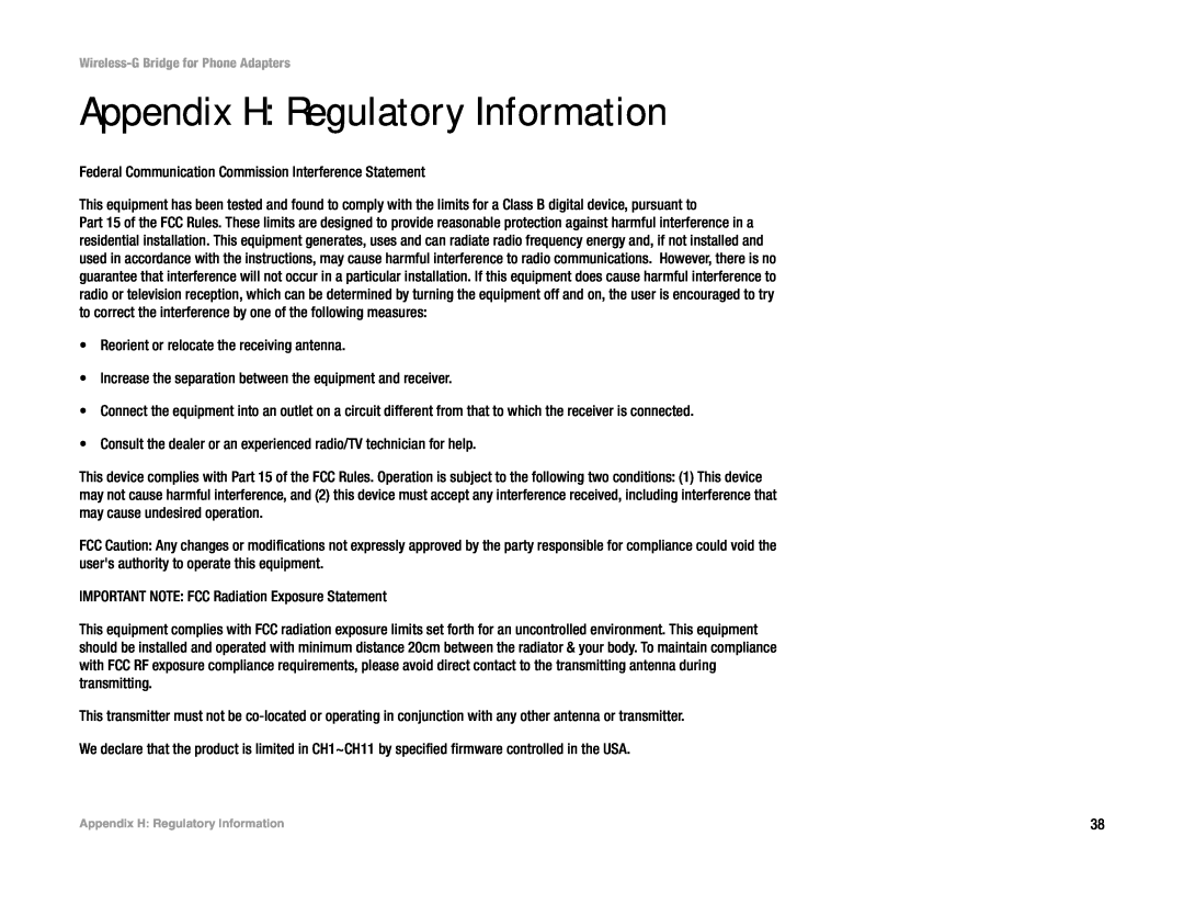 Cisco Systems WBP54G manual Appendix H Regulatory Information 